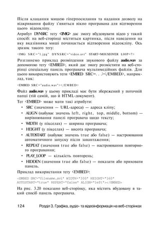 Після клацання мишею гіперпосилання та надання дозволу на
відкривання файлу з'явиться вікно програвана для відтворення
цього відеокліпу.
Атрибут DYNSRC тегу <IMG> дає змогу вбудовувати відео у такий
спосіб: на веб-сторінці міститься картинка, після наведення на
яку вказівника миші починається відтворення відеокліпу. Ось
зразок такого тегу:
<IMG S R C = " l . j p g " DYNSRC="video.avi" START=MOUSEOVER L00P=7>
Розглянемо приклад розміпдення звукового файлу audio.wav за
допомогою тегу <EMBED>, який дає змогу розмістити на веб-сто­
рінці спеціальну панель програвача мультимедійних файлів. Для
цього використовують теги <EMBED SRC=. . .></EMBED>, наприк­
лад, так:
<EMBED SRC="audio.wav"></EMBED>
Файл audio.wav у цьому прикладі має бути збережений у поточній
папці (тій самій, що й HTML-документ).
Тег <EMBED> може мати такі атрибути:
• SRC (значення — URL-адреса) — адреса кліпу;
• ALIGN (набуває значень left, right, top, middle, bottom) —
вирівнювання панелі програвача щодо тексту;
• WIDTH (у пікселах) — ширина програвача;
• HEIGHT (у пікселах) — висота програвача;
• AUTOSTART (набуває значень true або false) — настроювання
автоматичного запуску після завантаження;
• REPEAT (значення true або false) — настроювання повторно­
го програвання;
• PLAY_LOOP — кількість повторень;
• HIDDEN (значення true або false) — показати або приховати
панель.
Приклад використання тегу <EMBED>:
<EMBED SRC="filename.avi" WIDTH="300" HEIGHT="160"
AUTOSTART="true" REPEAT="false" ALIGN="left"></EMBED>
Ha рис. 3.20 показано веб-сторінку, яка містить вбудовану в та­
кий спосіб панель програвача.
124 Розділ 3. Графіка, аудіо- та відеоінформація на веб-сторінках
 