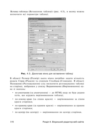 Вставка таблицы (Вставлення таблиці) (рис. 4.5), в якому можна
визначити всі параметри таблиці.
Рис. 4.5. Діалогове вікно для вставлення таблиці
В області Размер (Розмір) цього вікна потрібно задати кількість
рядків Строк (Рядків) та стовпців Столбцов (Стовпців). В області
Положение (Розташування) слід визначити розташування таблиці
на сторінці, вибравши у списку Выравнивание (Вирівнювання) од­
не зі значень:
• по умолчанию (за умовчанням) — до HTML-коду не буде додано
тегів, що керують вирівнюванням таблиці;
• по левому краю (за лівим краєм) — вирівнювання за лівим
краєм сторінки;
• по правому краю (за правим краєм) — вирівнювання за правим
краєм сторінки;
• по центру (по центру) — вирівнювання по центру сторінки.
146 Розділ 4. Візуальний редактор веб-сайтів
 
