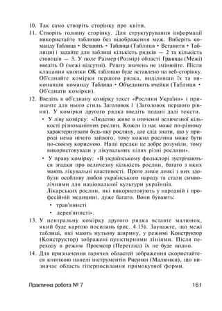 10. Так само створіть сторінку про квіти.
11. Створіть головну сторінку. Для структурування інформації
використайте таблицю без відображення меж. Виберіть ко­
манду Таблица • Вставить • Таблица (Таблиця • Вставити • Таб­
лиця) і задайте для таблиці кількість рядків — 2 та кількість
стовпців — 3. У поле Размер (Розмір) області Границы (Межі)
введіть О (межі відсутні). Решту значень не змінюйте. Після
клацання кнопки ОК таблицю буде вставлено на веб-сторінку.
Об'єднайте комірки першого рядка, виділивши їх та ви­
конавши команду Таблица • Объединить ячейки (Таблиця •
Об'єднати комірки).
12. Введіть в об'єднану комірку текст «Рослини України» і при­
значте для нього стиль Заголовок 1 (Заголовок першого рів­
ня). У комірки другого рядка введіть подані далі тексти.
• У ліву комірку: «Людство живе в оточенні величезної кіль­
кості різноманітних рослин. Кожен із нас може по-різному
характеризувати будь-яку рослину, але слід знати, що у при­
роді нема нічого зайвого, тому кожна рослина може бути
по-своєму корисною. Наші предки це добре розуміли, тому
використовували у лікувальних цілях різні рослини».
• У праву комірку: «В українському фольклорі зустрічають­
ся згадки про величезну кількість рослин, багато з яких
мають лікувальні властивості. Проте лише деякі з них здо­
були особливу любов українського народу та стали симво­
лічними для національної культури українців.
Лікарських рослин, які використовують у народній і про­
фесійній медицині, дуже багато. Вони бувають:
• трав'янисті
• дерев'янисті».
13. У центральну комірку другого рядка вставте малюнок,
який буде картою посилань (рис. 4.15). Зауважте, що межі
таблиці, які мають нульову ширину, у режимі Конструктор
(Конструктор) зображені пунктирними лініями. Після пе­
реходу в режим Просмотр (Перегляд) їх не буде видно.
14. Для призначення гарячих областей зображення скористайте­
ся кнопкою панелі інструментів Рисунки (Малюнки), що ви­
значає область гіперпосилання прямокутної форми.
Практична робота № 7 161
 
