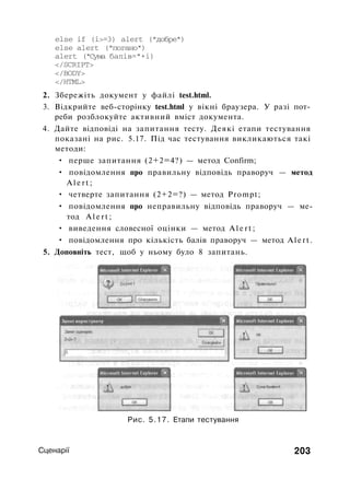 else if (i>=3) alert ("добре")
else alert ("погано")
alert ("Сума балів="+і)
</SCRIPT>
</BODY>
</HTML>
2. Збережіть документ у файлі test.html.
3. Відкрийте веб-сторінку test.html у вікні браузера. У разі пот­
реби розблокуйте активний вміст документа.
4. Дайте відповіді на запитання тесту. Деякі етапи тестування
показані на рис. 5.17. Під час тестування викликаються такі
методи:
• перше запитання (2+2=4?) — метод Confirm;
• повідомлення про правильну відповідь праворуч — метод
A l e r t ;
• четверте запитання (2+2=?) — метод Prompt;
• повідомлення про неправильну відповідь праворуч — ме­
тод A l e r t ;
• виведення словесної оцінки — метод A l e r t ;
• повідомлення про кількість балів праворуч — метод A l e r t .
5. Доповніть тест, щоб у ньому було 8 запитань.
Рис. 5.17. Етапи тестування
Сценарії 203
 