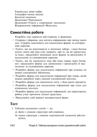 Українська мова=добре
Географія=немає оцінки
Біологія=відмінно
Додатково=Чергування
Додатково=Участь у спортивних змаганнях
Відправлення інформації=Відіслати.
Самостійна робота
Розробіть такі варіанти веб-сторінок із формами.
• Сторінка з формою, яка містить інформацію про погоду цього
дня. Створіть можливість для надсилання форми за електрон­
ною адресою.
• Уявіть, що ви відпочиваєте в дитячому таборі, і ваші батьки
хочуть знати про ваш стан здоров'я, про те, як ви харчуєтеся
та інше; придумайте відповідні поля форми та організуйте її
надсилання за електронною адресою.
• Уявіть, що ви замовляєте піцу або іншу страву через Інтер-
нет; придумайте форму для замовлення і організуйте її над­
силання за електронною адресою.
• Розробіть форму для надсилання інформації про книжку до
уявної електронної бібліотеки.
• Розробіть форму для надсилання інформації про товар, який
можна придбати через уявний електронний магазин.
• Розробіть форму для виконання тесту з будь-якого предмета.
• Розробіть форму для надсилання інформації про учня для
отримання атестата.
• Розробіть форму для надсилання інформації, що характеризує
роботу учня протягом літньої практики.
• Придумайте свій варіант використання форм.
Тест
1. Таблиця каскадних стилів — це:
а) файл з описом структури веб-сторінки;
б) певна структура з описом властивостей елементів веб-сто­
рінки;
242 Розділ 5. Таблиці каскадних стилів і динамічні веб-сайти
 