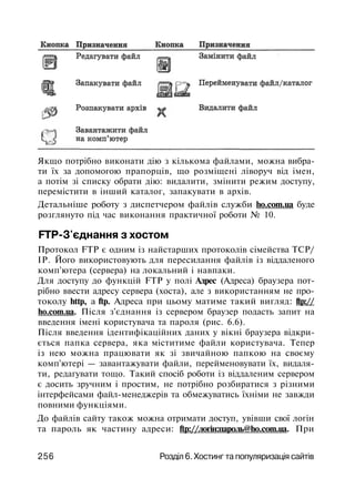 Якщо потрібно виконати дію з кількома файлами, можна вибра­
ти їх за допомогою прапорців, що розміщені ліворуч від імен,
а потім зі списку обрати дію: видалити, змінити режим доступу,
перемістити в інший каталог, запакувати в архів.
Детальніше роботу з диспетчером файлів служби ho.com.ua буде
розглянуто під час виконання практичної роботи № 10.
FTP-3'єднання з хостом
Протокол FTP є одним із найстарших протоколів сімейства TCP/
IP. Його використовують для пересилання файлів із віддаленого
комп'ютера (сервера) на локальний і навпаки.
Для доступу до функцій FTP у полі Адрес (Адреса) браузера пот­
рібно ввести адресу сервера (хоста), але з використанням не про­
токолу http, а ftp. Адреса при цьому матиме такий вигляд: ftp://
ho.com.ua. Після з'єднання із сервером браузер подасть запит на
введення імені користувача та пароля (рис. 6.6).
Після введення ідентифікаційних даних у вікні браузера відкри­
ється папка сервера, яка міститиме файли користувача. Тепер
із нею можна працювати як зі звичайною папкою на своєму
комп'ютері — завантажувати файли, перейменовувати їх, видаля­
ти, редагувати тощо. Такий спосіб роботи із віддаленим сервером
є досить зручним і простим, не потрібно розбиратися з різними
інтерфейсами файл-менеджерів та обмежуватись їхніми не завжди
повними функціями.
До файлів сайту також можна отримати доступ, увівши свої логін
та пароль як частину адреси: ftp://лoгiн:пapoль@ho.com.ua. При
256 Розділ 6. Хостинг та популяризація сайтів
 