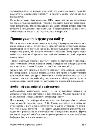 загальноприйнятих правил навігації, колірних гам тощо. Вони не
обмежують можливості дизайну, а роблять сайти зручними для
відвідувачів.
На сайті не може бути помилок. HTML-код слід писати відповідно
до правил та рекомендацій, графічні елементи повинні відобража­
тися правильно. Всі інтерактивні елементи мають працювати без
перебоїв і повідомлень про помилки. Гіперпосилання сайту мають
забезпечувати перехід до відповідних матеріалів.
Проектування структури сайту
Після визначення мети створення сайту і врахування наведених
вище порад можна розпочинати проектування структури сайту,
насамперед його системи навігації. Якщо відвідувач не зуміє зорі­
єнтуватись у ній, він просто залишить веб-сайт. Тому варто поду­
мати над схемою гіперпосилань, які поєднають окремі сторінки
в одне ціле.
Термін навігація означає систему, схему пересування у просторі.
Цим терміном можна назвати схему пересування інформаційним
простором як усього Інтернету, так і окремого сайту.
Кожен веб-сайт повинен містити відомості про автора, контакт­
ну інформацію, а також повідомлення про права інтелектуальної
власності на вміст ресурсу. Корисним є повідомлення про дату ос­
таннього оновлення веб-сайту: це допомагає відвідувачам оцінити
достовірність, надійність та актуальність наведеної інформації.
Вибір інформаційної архітектури
Інформаційна архітектура сайту — це сукупність методів та
способів створення структури з веб-сторінок. Можна виділити та­
кі різновиди інформаційних архітектур сайту.
Все в одному. Це найпростіша модель: всю інформацію розміщу­
ють на одній сторінці (рис. 7.9). Якщо матеріалу для сайту не
дуже багато і його можна розмістити на одній сторінці, то зазви­
чай так і слід зробити — не варто ускладнювати структуру ви­
гаданими розділами та непотрібними гіперпосиланнями. Проте
на такій сторінці обов'язково потрібно розмістити всю необхідну
інформацію, зокрема контактну.
Проектування структури сайту 291
 