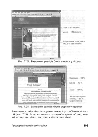 Рис. 7.24. Визначення розмірів блоків сторінки у пікселах
Рис. 7.25. Визначення розмірів блоків сторінки у відсотках
Визначати розміри блоків сторінки можна й у комбінований спо­
сіб (рис. 7.26). Якщо не задавати загальної ширини таблиці, вона
займатиме все місце, доступне у відкритому вікні.
Просторовий дизайн веб-сторінок 303
 