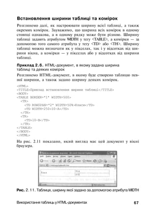 Встановлення ширини таблиці та комірок
Розглянемо далі, як настроювати ширину всієї таблиці, а також
окремих комірок. Зауважимо, що ширина всіх комірок в одному
стовпці однакова, а в одному рядку може бути різною. Ширину
таблиці задають атрибутом WIDTH у тегу <TABLE>, а комірки — за
допомогою того самого атрибута у тегу <TD> або <ТН>. Ширину
таблиці можна визначати як у пікселах, так і у відсотках від ши­
рини вікна, а комірки — у пікселах або у відсотках від ширини
таблиці.
Приклад 2.6. HTML-документ, в якому задана ширина
таблиці та деяких комірок
Розглянемо HTML-документ, в якому буде створено таблицю пев­
ної ширини, а також задано ширину деяких комірок.
<HTML>
<TITLE>Приклад встановлення ширини таблиці</TITLE>
<BODY>
<TABLE BORDER="1" WIDTH=500>
<TR>
<TD ROWSPAN="2" WIDTH=50%>Класи</TD>
<TD WIDTH=250>10-A</TD>
</TR>
<TR>
<TD>10-B</TD>
</TR>
</TABLE>
</BODY>
</HTML>
Ha рис. 2.11 показано, який вигляд має цей документ у вікні
браузера.
Рис. 2.11. Таблиця, ширину якої задано за допомогою атрибута WIDTH
Використання таблиць у HTML-документах 67
 