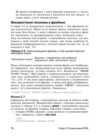 Всі файли відображені у вікні браузера одночасно, а оскіль­
ки документи не вмістилися у визначені для них області, то
кадри мають смуги прокручування.
Використання посилань у фреймах
У вправі 2.6 не використані гіперпосилання — між фреймами не­
має взаємозв'язку. Проте це не завжди зручно: навчальних закла­
дів може бути багато, а поділ сторінки на велику кількість фрей­
мів призводить до розпорошування уваги відвідувача сайту.
Тому розглянемо веб-сторінку з навігаційною панеллю, яка роз­
міщена у лівій меншій частині екрана, при цьому необхідна ін­
формація відображатиметься у більшій правій частині так, як це
показано в табл. 2.9.
Таблиця 2.9. Схема розміщення фреймів, в якій використовується
навігаційна панель
Навігаційна панель
Документ з інформацією про вибраний
відвідувачем сайту навчальний заклад
Якщо заплановано використовувати певний фрейм для відображен­
ня інформації, яка змінюватиметься після вибору відвідувачами
іншого посилання, то йому надають ім'я. Наприклад, <FRAME
NAME="frame1". Веб-сторінка з гіперпосиланнями, що виконува­
тиме роль навігаційної панелі, складається із сукупності тегів
<А>...</А>. У них крім адреси файлу, пов'язаного з гіперпосилан-
ням, слід зазначити ім'я фрейму, в якому цей файл відображати­
меться. Для цього використовують атрибут TARGET, значенням
якого є ім'я відповідного фрейму. Наприклад:
<А HREF="2.html" TARGET="frame1">Гімназія «Сихівська»</А>
Вправа 2.7
Сформуємо веб-сторінку з навігаційною панеллю та областю відоб­
раження документів. Використайте файли з описами навчальних
закладів із вправи 2.5, а сторінку np.html з навігаційною панеллю
та поділену на фрейми сторінку lndex.html створіть самостійно.
1. Створіть HTML-документ, який розмітьте за допомогою фрей­
мів і збережіть у файлі index.html.
<HTML>
<TITLE>Навчальні заклади</TITLE>
78 Розділ 2. Основи мови HTML
 