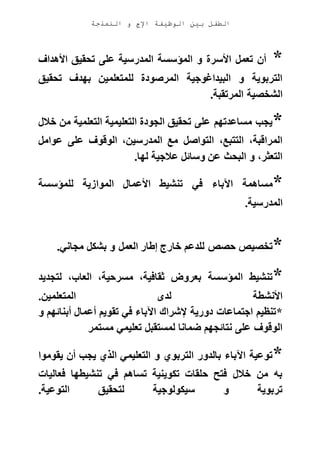 ‫الوظيفة‬ ‫بين‬ ‫الطفل‬‫النمذجة‬ ‫و‬ ‫اإلج‬
*‫على‬ ‫المدرسية‬ ‫المؤسسة‬ ‫و‬ ‫األسرة‬ ‫تعمل‬ ‫أن‬‫األهداف‬ ‫تحقيق‬
‫تحقيق‬ ‫بهدف‬ ‫للمتعلمين‬ ‫المرصودة‬ ‫البيداغوجية‬ ‫و‬ ‫التربوية‬
‫المرتقبة‬ ‫الشخصية‬.
*‫خالل‬ ‫من‬ ‫التعلمية‬ ‫التعليمية‬ ‫الجودة‬ ‫تحقيق‬ ‫على‬ ‫مساعدتهم‬ ‫يجب‬
‫عوامل‬ ‫على‬ ‫الوقوف‬ ،‫المدرسين‬ ‫مع‬ ‫التواصل‬ ،‫التتبع‬ ،‫المراقبة‬
‫لها‬ ‫عالجية‬ ‫وسائل‬ ‫عن‬ ‫البحث‬ ‫و‬ ،‫التعثر‬.
*‫في‬ ‫اآلباء‬ ‫مساهمة‬‫للمؤسسة‬ ‫الموازية‬ ‫األعمال‬ ‫تنشيط‬
‫المدرسية‬.
*‫مجاني‬ ‫بشكل‬ ‫و‬ ‫العمل‬ ‫إطار‬ ‫خارج‬ ‫للدعم‬ ‫حصص‬ ‫تخصيص‬.
*‫لتجديد‬ ،‫العاب‬ ،‫مسرحية‬ ،‫ثقافية‬ ‫بعروض‬ ‫المؤسسة‬ ‫تنشيط‬
‫المتعلمين‬ ‫لدى‬ ‫األنشطة‬.
*‫و‬ ‫أبنائهم‬ ‫أعمال‬ ‫تقويم‬ ‫في‬ ‫اآلباء‬ ‫إلشراك‬ ‫دورية‬ ‫اجتماعات‬ ‫تنظيم‬
‫لمستقبل‬ ‫ضمانا‬ ‫نتائجهم‬ ‫على‬ ‫الوقوف‬‫مستمر‬ ‫تعليمي‬
*‫يقوموا‬ ‫أن‬ ‫يجب‬ ‫الذي‬ ‫التعليمي‬ ‫و‬ ‫التربوي‬ ‫بالدور‬ ‫اآلباء‬ ‫توعية‬
‫فعاليات‬ ‫تنشيطها‬ ‫في‬ ‫تساهم‬ ‫تكوينية‬ ‫حلقات‬ ‫فتح‬ ‫خالل‬ ‫من‬ ‫به‬
‫التوعية‬ ‫لتحقيق‬ ‫سيكولوجية‬ ‫و‬ ‫تربوية‬.
 