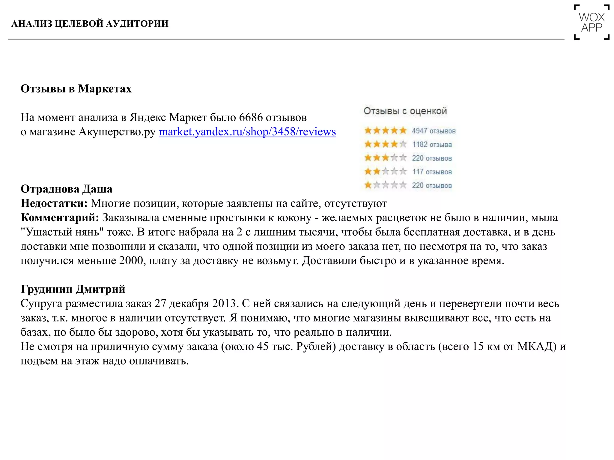 Отзывы в Маркетах
На момент анализа в Яндекс Маркет было 6686 отзывов
о магазине Акушерство.ру market.yandex.ru/shop/3458/reviews
Отраднова Даша
Недостатки: Многие позиции, которые заявлены на сайте, отсутствуют
Комментарий: Заказывала сменные простынки к кокону - желаемых расцветок не было в наличии, мыла
"Ушастый нянь" тоже. В итоге набрала на 2 с лишним тысячи, чтобы была бесплатная доставка, и в день
доставки мне позвонили и сказали, что одной позиции из моего заказа нет, но несмотря на то, что заказ
получился меньше 2000, плату за доставку не возьмут. Доставили быстро и в указанное время.
Грудинин Дмитрий
Супруга разместила заказ 27 декабря 2013. С ней связались на следующий день и перевертели почти весь
заказ, т.к. многое в наличии отсутствует. Я понимаю, что многие магазины вывешивают все, что есть на
базах, но было бы здорово, хотя бы указывать то, что реально в наличии.
Не смотря на приличную сумму заказа (около 45 тыс. Рублей) доставку в область (всего 15 км от МКАД) и
подъем на этаж надо оплачивать.
АНАЛИЗ ЦЕЛЕВОЙ АУДИТОРИИ
 