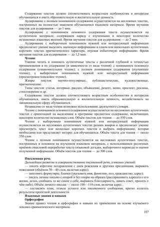Содержание текстов должно соответствовать возрастным особенностям и интересам
обучающихся и иметь образовательную и воспитательную ценность.
Аудирование с полным пониманием содержания осуществляется на несложных текстах,
построенных на полностью знакомом обучающимся языковом материале. Время звучания
текстов для аудирования — до 1 мин.
Аудирование с пониманием основного содержания текста осуществляется на
аутентичном материале, содержащем наряду с изученными и некоторое количество
незнакомых языковых явлений. Время звучания текстов для аудирования — до 2 мин.
Аудирование с выборочным пониманием нужной или интересующей информации
предполагает умение выделить значимую информацию в одном или нескольких аутентичных
коротких текстах прагматического характера, опуская избыточную информацию. Время
звучания текстов для аудирования — до 1,5 мин.
Чтение
Умение читать и понимать аутентичные тексты с различной глубиной и точностью
проникновения в их содержание (в зависимости от вида чтения): с пониманием основного
содержания (ознакомительное чтение); с полным пониманием содержания (изучающее
чтение); с выборочным пониманием нужной или интересующей информации
(просмотровое/поисковое чтение).
Жанры текстов: научно-популярные, публицистические, художественные,
прагматические.
Типы текстов: статья, интервью, рассказ, объявление, рецепт, меню, проспект, реклама,
стихотворение и др.
Содержание текстов должно соответствовать возрастным особенностям и интересам
обучающихся, иметь образовательную и воспитательную ценность, воздействовать на
эмоциональную сферу обучающихся.
Независимо от вида чтения возможно использование двуязычного словаря.
Чтение с пониманием основного содержания осуществляется на несложных аутентичных
текстах с ориентацией на выделенное в программе предметное содержание, включающих
некоторое количество незнакомых слов. Объём текстов для чтения — до 550 слов.
Чтение с выборочным пониманием нужной или интересующей информации
осуществляется на несложных аутентичных текстах разных жанров и предполагает умение
просмотреть текст или несколько коротких текстов и выбрать информацию, которая
необходима или представляет интерес для обучающихся. Объём текста для чтения — около
350 слов.
Чтение с полным пониманием осуществляется на несложных аутентичных текстах,
построенных в основном на изученном языковом материале, с использованием различных
приёмов смысловой переработки текста (языковой догадки, выборочного перевода) и оценки
полученной информации. Объём текстов для чтения — до 300 слов.
Письменная речь
Дальнейшее развитие и совершенствование письменной речи, а именно умений:
— писать короткие поздравления с днем рождения и другими праздниками, выражать
пожелания (объёмом 30—40 слов, включая адрес);
— заполнять формуляры, бланки (указывать имя, фамилию, пол, гражданство, адрес);
— писать личное письмо с опорой и без опоры на образец (расспрашивать адресата о его
жизни, делах, сообщать то же самое о себе, выражать благодарность, давать совет, просить о
чём-либо). Объём личного письма — около 100—110 слов, включая адрес;
— составлять план, тезисы устного или письменного сообщения, кратко излагать
результаты проектной деятельности.
Языковые знания и навыки
Орфография
Знание правил чтения и орфографии и навыки их применения на основе изучаемого
лексико-грамматического материала.
107
 