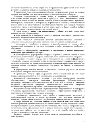 осознанного планирования своего актуального и перспективного круга чтения, в том числе
досугового, подготовки к трудовой и социальной деятельности.
У выпускников будет сформирована потребность в систематическом чтении как средстве
познания мира и себя в этом мире, гармонизации отношений человека и общества.
Учащиеся усовершенствуют технику чтения и приобретут устойчивый навык
осмысленного чтения, получат возможность приобрести навык рефлексивного чтения.
Учащиеся овладеют различными видами и типами чтения: ознакомительным, изучающим,
просмотровым, поисковым и выборочным; выразительным чтением; коммуникативным
чтением вслух и про себя; учебным и самостоятельным чтением. Они овладеют основными
стратегиями чтения художественных и других видов текстов и будут способны выбрать
стратегию чтения, отвечающую конкретной учебной задаче.
В сфере развития личностных универсальных учебных действий приоритетное
внимание уделяется формированию:
• основ гражданской идентичности личности (включая когнитивный, эмоционально-
ценностный и поведенческий компоненты);
• основ социальных компетенций (включая ценностно-смысловые установки и
моральные нормы, опыт социальных и межличностных отношений, правосознание);
• готовности и способности к переходу к самообразованию на основе учебно-
познавательной мотивации, в том числе готовности к выбору направления профильного
образования.
В частности, формированию готовности и способности к выбору направления
профильного образования способствуют:
• целенаправленное формирование интереса к изучаемым областям знания и видам
деятельности, педагогическая поддержка любознательности и избирательности интересов;
• реализация уровневого подхода как в преподавании (на основе дифференциации
требований к освоению учебных программ и достижению планируемых результатов), так и в
оценочных процедурах (на основе дифференциации содержания проверочных заданий и/или
критериев оценки достижения планируемых результатов на базовом и повышенных
уровнях);
• формирование навыков взаимо- и самооценки, навыков рефлексии на основе
использования критериальной системы оценки;
• организация системы проб подростками своих возможностей (в том числе
предпрофессиональных проб) за счёт использования дополнительных
возможностей образовательного процесса, в том числе: факультативов, вводимых
образовательным учреждением; программы формирования ИКТ-компетентности
школьников; программы учебно-исследовательской и проектной деятельности; программы
внеурочной деятельности; программы профессиональной ориентации; программы
экологического образования; программы дополнительного образования;
• целенаправленное формирование в курсе технологии представлений о рынке труда и
требованиях, предъявляемых различными массовыми востребованными профессиями к
подготовке и личным качествам будущего труженика;
• приобретение практического опыта пробного проектирования жизненной и
профессиональной карьеры на основе соотнесения своих интересов, склонностей,
личностных качеств, уровня подготовки с требованиями профессиональной деятельности.
В сфере развития регулятивных универсальных учебных действий приоритетное
внимание уделяется формированию действий целеполагания, включая способность ставить
новые учебные цели и задачи, планировать их реализацию, в том числе во внутреннем плане,
осуществлять выбор эффективных путей и средств достижения целей, контролировать и
оценивать свои действия как по результату, так и по способу действия, вносить
соответствующие коррективы в их выполнение.
Ведущим способом решения этой задачи является формирование способности к
проектированию.
11
 