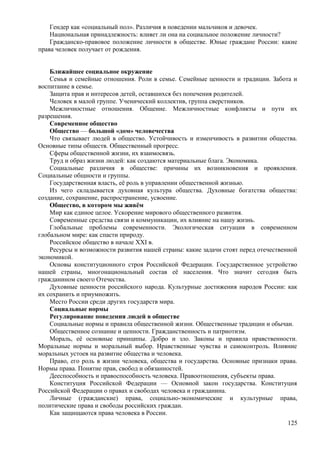 Гендер как «социальный пол». Различия в поведении мальчиков и девочек.
Национальная принадлежность: влияет ли она на социальное положение личности?
Гражданско-правовое положение личности в обществе. Юные граждане России: какие
права человек получает от рождения.
Ближайшее социальное окружение
Семья и семейные отношения. Роли в семье. Семейные ценности и традиции. Забота и
воспитание в семье.
Защита прав и интересов детей, оставшихся без попечения родителей.
Человек в малой группе. Ученический коллектив, группа сверстников.
Межличностные отношения. Общение. Межличностные конфликты и пути их
разрешения.
Современное общество
Общество — большой «дом» человечества
Что связывает людей в общество. Устойчивость и изменчивость в развитии общества.
Основные типы обществ. Общественный прогресс.
Сферы общественной жизни, их взаимосвязь.
Труд и образ жизни людей: как создаются материальные блага. Экономика.
Социальные различия в обществе: причины их возникновения и проявления.
Социальные общности и группы.
Государственная власть, её роль в управлении общественной жизнью.
Из чего складывается духовная культура общества. Духовные богатства общества:
создание, сохранение, распространение, усвоение.
Общество, в котором мы живём
Мир как единое целое. Ускорение мирового общественного развития.
Современные средства связи и коммуникации, их влияние на нашу жизнь.
Глобальные проблемы современности. Экологическая ситуация в современном
глобальном мире: как спасти природу.
Российское общество в начале XXI в.
Ресурсы и возможности развития нашей страны: какие задачи стоят перед отечественной
экономикой.
Основы конституционного строя Российской Федерации. Государственное устройство
нашей страны, многонациональный состав её населения. Что значит сегодня быть
гражданином своего Отечества.
Духовные ценности российского народа. Культурные достижения народов России: как
их сохранить и приумножить.
Место России среди других государств мира.
Социальные нормы
Регулирование поведения людей в обществе
Социальные нормы и правила общественной жизни. Общественные традиции и обычаи.
Общественное сознание и ценности. Гражданственность и патриотизм.
Мораль, её основные принципы. Добро и зло. Законы и правила нравственности.
Моральные нормы и моральный выбор. Нравственные чувства и самоконтроль. Влияние
моральных устоев на развитие общества и человека.
Право, его роль в жизни человека, общества и государства. Основные признаки права.
Нормы права. Понятие прав, свобод и обязанностей.
Дееспособность и правоспособность человека. Правоотношения, субъекты права.
Конституция Российской Федерации — Основной закон государства. Конституция
Российской Федерации о правах и свободах человека и гражданина.
Личные (гражданские) права, социально-экономические и культурные права,
политические права и свободы российских граждан.
Как защищаются права человека в России.
125
 