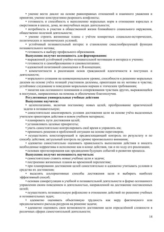 • умение вести диалог на основе равноправных отношений и взаимного уважения и
принятия; умение конструктивно разрешать конфликты;
• готовность и способность к выполнению моральных норм в отношении взрослых и
сверстников в школе, дома, во внеучебных видах деятельности;
• потребность в участии в общественной жизни ближайшего социального окружения,
общественно полезной деятельности;
• умение строить жизненные планы с учётом конкретных социально-исторических,
политических и экономических условий;
• устойчивый познавательный интерес и становление смыслообразующей функции
познавательного мотива;
• готовность к выбору профильного образования.
Выпускник получит возможность для формирования:
• выраженной устойчивой учебно-познавательной мотивации и интереса к учению;
• готовности к самообразованию и самовоспитанию;
• адекватной позитивной самооценки и Я-концепции;
• компетентности в реализации основ гражданской идентичности в поступках и
деятельности;
• морального сознания на конвенциональном уровне, способности к решению моральных
дилемм на основе учёта позиций участников дилеммы, ориентации на их мотивы и чувства;
устойчивое следование в поведении моральным нормам и этическим требованиям;
• эмпатии как осознанного понимания и сопереживания чувствам других, выражающейся
в поступках, направленных на помощь и обеспечение благополучия.
Регулятивные универсальные учебные действия
Выпускник научится:
• целеполаганию, включая постановку новых целей, преобразование практической
задачи в познавательную;
• самостоятельно анализировать условия достижения цели на основе учёта выделенных
учителем ориентиров действия в новом учебном материале;
• планировать пути достижения целей;
• устанавливать целевые приоритеты;
• уметь самостоятельно контролировать своё время и управлять им;
• принимать решения в проблемной ситуации на основе переговоров;
• осуществлять констатирующий и предвосхищающий контроль по результату и по
способу действия; актуальный контроль на уровне произвольного внимания;
• адекватно самостоятельно оценивать правильность выполнения действия и вносить
необходимые коррективы в исполнение как в конце действия, так и по ходу его реализации;
• основам прогнозирования как предвидения будущих событий и развития процесса.
Выпускник получит возможность научиться:
• самостоятельно ставить новые учебные цели и задачи;
• построению жизненных планов во временной перспективе;
• при планировании достижения целей самостоятельно и адекватно учитывать условия и
средства их достижения;
• выделять альтернативные способы достижения цели и выбирать наиболее
эффективный способ;
• основам саморегуляции в учебной и познавательной деятельности в форме осознанного
управления своим поведением и деятельностью, направленной на достижение поставленных
целей;
• осуществлять познавательную рефлексию в отношении действий по решению учебных
и познавательных задач;
• адекватно оценивать объективную трудность как меру фактического или
предполагаемого расхода ресурсов на решение задачи;
• адекватно оценивать свои возможности достижения цели определённой сложности в
различных сферах самостоятельной деятельности;
14
 