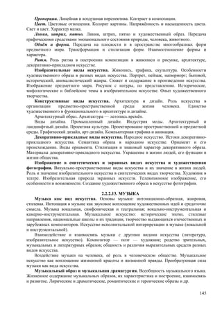 Пропорции. Линейная и воздушная перспектива. Контраст в композиции.
Цвет. Цветовые отношения. Колорит картины. Напряжённость и насыщенность цвета.
Свет и цвет. Характер мазка.
Линия, штрих, пятно. Линия, штрих, пятно и художественный образ. Передача
графическими средствами эмоционального состояния природы, человека, животного.
Объём и форма. Передача на плоскости и в пространстве многообразных форм
предметного мира. Трансформация и стилизация форм. Взаимоотношение формы и
характера.
Ритм. Роль ритма в построении композиции в живописи и рисунке, архитектуре,
декоративно-прикладном искусстве.
Изобразительные виды искусства. Живопись, графика, скульптура. Особенности
художественного образа в разных видах искусства. Портрет, пейзаж, натюрморт; бытовой,
исторический, анималистический жанры. Сюжет и содержание в произведении искусства.
Изображение предметного мира. Рисунок с натуры, по представлению. Исторические,
мифологические и библейские темы в изобразительном искусстве. Опыт художественного
творчества.
Конструктивные виды искусства. Архитектура и дизайн. Роль искусства в
организации предметно-пространственной среды жизни человека. Единство
художественного и функционального в архитектуре и дизайне.
Архитектурный образ. Архитектура — летопись времён.
Виды дизайна. Промышленный дизайн. Индустрия моды. Архитектурный и
ландшафтный дизайн. Проектная культура. Проектирование пространственной и предметной
среды. Графический дизайн, арт-дизайн. Компьютерная графика и анимация.
Декоративно-прикладные виды искусства. Народное искусство. Истоки декоративно-
прикладного искусства. Семантика образа в народном искусстве. Орнамент и его
происхождение. Виды орнамента. Стилизация и знаковый характер декоративного образа.
Материалы декоративно-прикладного искусства. Украшение в жизни людей, его функции в
жизни общества.
Изображение в синтетических и экранных видах искусства и художественная
фотография. Визуально-пространственные виды искусства и их значение в жизни людей.
Роль и значение изобразительного искусства в синтетических видах творчества. Художник в
театре. Изобразительная природа экранных искусств. Телевизионное изображение, его
особенности и возможности. Создание художественного образа в искусстве фотографии.
2.2.2.13. МУЗЫКА
Музыка как вид искусства. Основы музыки: интонационно-образная, жанровая,
стилевая. Интонация в музыке как звуковое воплощение художественных идей и средоточие
смысла. Музыка вокальная, симфоническая и театральная; вокально-инструментальная и
камерно-инструментальная. Музыкальное искусство: исторические эпохи, стилевые
направления, национальные школы и их традиции, творчество выдающихся отечественных и
зарубежных композиторов. Искусство исполнительской интерпретации в музыке (вокальной
и инструментальной).
Взаимодействие и взаимосвязь музыки с другими видами искусства (литература,
изобразительное искусство). Композитор — поэт — художник; родство зрительных,
музыкальных и литературных образов; общность и различия выразительных средств разных
видов искусства.
Воздействие музыки на человека, её роль в человеческом обществе. Музыкальное
искусство как воплощение жизненной красоты и жизненной правды. Преобразующая сила
музыки как вида искусства.
Музыкальный образ и музыкальная драматургия. Всеобщность музыкального языка.
Жизненное содержание музыкальных образов, их характеристика и построение, взаимосвязь
и развитие. Лирические и драматические, романтические и героические образы и др.
145
 