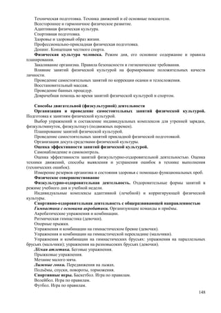 Техническая подготовка. Техника движений и её основные показатели.
Всестороннее и гармоничное физическое развитие.
Адаптивная физическая культура.
Спортивная подготовка.
Здоровье и здоровый образ жизни.
Профессионально-прикладная физическая подготовка.
Допинг. Концепция честного спорта.
Физическая культура человека. Режим дня, его основное содержание и правила
планирования.
Закаливание организма. Правила безопасности и гигиенические требования.
Влияние занятий физической культурой на формирование положительных качеств
личности.
Проведение самостоятельных занятий по коррекции осанки и телосложения.
Восстановительный массаж.
Проведение банных процедур.
Доврачебная помощь во время занятий физической культурой и спортом.
Способы двигательной (физкультурной) деятельности
Организация и проведение самостоятельных занятий физической культурой.
Подготовка к занятиям физической культурой.
Выбор упражнений и составление индивидуальных комплексов для утренней зарядки,
физкультминуток, физкультпауз (подвижных перемен).
Планирование занятий физической культурой.
Проведение самостоятельных занятий прикладной физической подготовкой.
Организация досуга средствами физической культуры.
Оценка эффективности занятий физической культурой.
Самонаблюдение и самоконтроль.
Оценка эффективности занятий физкультурно-оздоровительной деятельностью. Оценка
техники движений, способы выявления и устранения ошибок в технике выполнения
(технических ошибок).
Измерение резервов организма и состояния здоровья с помощью функциональных проб.
Физическое совершенствование
Физкультурно-оздоровительная деятельность. Оздоровительные формы занятий в
режиме учебного дня и учебной недели.
Индивидуальные комплексы адаптивной (лечебной) и корригирующей физической
культуры.
Спортивно-оздоровительная деятельность с общеразвивающей направленностью
Гимнастика с основами акробатики. Организующие команды и приёмы.
Акробатические упражнения и комбинации.
Ритмическая гимнастика (девочки).
Опорные прыжки.
Упражнения и комбинации на гимнастическом бревне (девочки).
Упражнения и комбинации на гимнастической перекладине (мальчики).
Упражнения и комбинации на гимнастических брусьях: упражнения на параллельных
брусьях (мальчики); упражнения на разновысоких брусьях (девочки).
Лёгкая атлетика. Беговые упражнения.
Прыжковые упражнения.
Метание малого мяча.
Лыжные гонки. Передвижения на лыжах.
Подъёмы, спуски, повороты, торможения.
Спортивные игры. Баскетбол. Игра по правилам.
Волейбол. Игра по правилам.
Футбол. Игра по правилам.
148
 