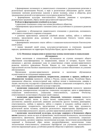 • формирование осознанного и уважительного отношения к традиционным религиям и
религиозным организациям России, к вере и религиозным убеждениям других людей,
понимание значения религиозных идеалов в жизни человека, семьи и общества, роли
традиционных религий в историческом и культурном развитии России;
• формирование культуры межэтнического общения, уважения к культурным,
религиозным традициям, образу жизни представителей народов России.
В области формирования семейной культуры:
• укрепление отношения к семье как основе российского общества;
• формирование представлений о значении семьи для устойчивого и успешного развития
человека;
• укрепление у обучающегося уважительного отношения к родителям, осознанного,
заботливого отношения к старшим и младшим;
• усвоение нравственных ценностей семейной жизни: любовь, забота о любимом
человеке, продолжение рода, духовная и эмоциональная близость членов семьи,
взаимопомощь и др.;
• формирование начального опыта заботы о социально-психологическом благополучии
своей семьи;
• знание традиций своей семьи, культурно-исторических и этнических традиций
народов, проживающих на территории Республики Крым, других народов России.
2.3.2. Основные направления и ценностные основы воспитания и социализации
обучающихся
Задачи воспитания и социализации обучающихся на ступени основного общего
образования классифицированы по направлениям, каждое из которых, будучи тесно
связанным с другими, раскрывает одну из существенных сторон духовно-нравственного
развития личности гражданина России. Каждое из этих направлений основано на
определённой системе базовых национальных ценностей и должно обеспечивать их усвоение
обучающимися.
Организация духовно-нравственного развития и воспитания обучающихся
осуществляется по следующим направлениям:
• воспитание гражданственности, патриотизма, уважения к правам, свободам и
обязанностям человека (ценности: любовь к России, своему народу, Республике Крым,
гражданское общество, поликультурный мир, свобода личная и национальная, доверие к
людям, институтам государства и гражданского общества, социальная солидарность, мир во
всём мире, многообразие и уважение культур и народов);
• воспитание социальной ответственности и компетентности (ценности: правовое
государство, демократическое государство, социальное государство; закон и правопорядок,
социальная компетентность, социальная ответственность, служение Отечеству,
ответственность за настоящее и будущее своей страны);
• воспитание нравственных чувств, убеждений, этического сознания (ценности:
нравственный выбор; жизнь и смысл жизни; справедливость; милосердие; честь;
достоинство; уважение родителей; уважение достоинства другого человека, равноправие,
ответственность, любовь и верность; забота о старших и младших; свобода совести и
вероисповедания; толерантность, представление о светской этике, вере, духовности,
религиозной жизни человека, ценностях религиозного мировоззрения, формируемое на
основе межконфессионального диалога; духовно-нравственное развитие личности);
• воспитание экологической культуры, культуры здорового и безопасного образа
жизни (ценности: жизнь во всех её проявлениях; экологическая безопасность; экологическая
грамотность; физическое, физиологическое, репродуктивное, психическое, социально-
психологическое, духовное здоровье; экологическая культура; экологически целесообразный
здоровый и безопасный образ жизни; ресурсосбережение; экологическая этика;
экологическая ответственность; социальное партнёрство для улучшения экологического
качества окружающей среды; устойчивое развитие общества в гармонии с природой);
152
 