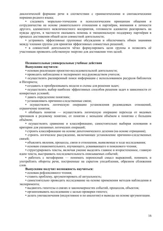 диалогической формами речи в соответствии с грамматическими и синтаксическими
нормами родного языка;
• следовать морально-этическим и психологическим принципам общения и
сотрудничества на основе уважительного отношения к партнёрам, внимания к личности
другого, адекватного межличностного восприятия, готовности адекватно реагировать на
нужды других, в частности оказывать помощь и эмоциональную поддержку партнёрам в
процессе достижения общей цели совместной деятельности;
• устраивать эффективные групповые обсуждения и обеспечивать обмен знаниями
между членами группы для принятия эффективных совместных решений;
• в совместной деятельности чётко формулировать цели группы и позволять её
участникам проявлять собственную энергию для достижения этих целей.
Познавательные универсальные учебные действия
Выпускник научится:
• основам реализации проектно-исследовательской деятельности;
• проводить наблюдение и эксперимент под руководством учителя;
• осуществлять расширенный поиск информации с использованием ресурсов библиотек
и Интернета;
• создавать и преобразовывать модели и схемы для решения задач;
• осуществлять выбор наиболее эффективных способов решения задач в зависимости от
конкретных условий;
• давать определение понятиям;
• устанавливать причинно-следственные связи;
• осуществлять логическую операцию установления родовидовых отношений,
ограничение понятия;
• обобщать понятия — осуществлять логическую операцию перехода от видовых
признаков к родовому понятию, от понятия с меньшим объёмом к понятию с большим
объёмом;
• осуществлять сравнение и классификацию, самостоятельно выбирая основания и
критерии для указанных логических операций;
• строить классификацию на основе дихотомического деления (на основе отрицания);
• строить логическое рассуждение, включающее установление причинно-следственных
связей;
• объяснять явления, процессы, связи и отношения, выявляемые в ходе исследования;
• основам ознакомительного, изучающего, усваивающего и поискового чтения;
• структурировать тексты, включая умение выделять главное и второстепенное, главную
идею текста, выстраивать последовательность описываемых событий;
• работать с метафорами — понимать переносный смысл выражений, понимать и
употреблять обороты речи, построенные на скрытом уподоблении, образном сближении
слов.
Выпускник получит возможность научиться:
• основам рефлексивного чтения;
• ставить проблему, аргументировать её актуальность;
• самостоятельно проводить исследование на основе применения методов наблюдения и
эксперимента;
• выдвигать гипотезы о связях и закономерностях событий, процессов, объектов;
• организовывать исследование с целью проверки гипотез;
• делать умозаключения (индуктивное и по аналогии) и выводы на основе аргументации.
16
 
