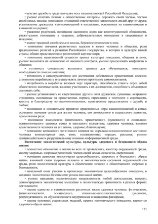 • чувство дружбы к представителям всех национальностей Российской Федерации;
• умение сочетать личные и общественные интересы, дорожить своей честью, честью
своей семьи, школы; понимание отношений ответственной зависимости людей друг от друга;
установление дружеских взаимоотношений в коллективе, основанных на взаимопомощи и
взаимной поддержке;
• уважение родителей, понимание сыновнего долга как конституционной обязанности,
уважительное отношение к старшим, доброжелательное отношение к сверстникам и
младшим;
• знание традиций своей семьи и школы, бережное отношение к ним;
• понимание значения религиозных идеалов в жизни человека и общества, роли
традиционных религий в развитии Российского государства, в истории и культуре нашей
страны, общие представления о религиозной картине мира;
• понимание нравственной сущности правил культуры поведения, общения и речи,
умение выполнять их независимо от внешнего контроля, умение преодолевать конфликты в
общении;
• готовность сознательно выполнять правила для обучающихся, понимание
необходимости самодисциплины;
• готовность к самоограничению для достижения собственных нравственных идеалов;
стремление вырабатывать и осуществлять личную программу самовоспитания;
• потребность в выработке волевых черт характера, способность ставить перед собой
общественно значимые цели, желание участвовать в их достижении, способность объективно
оценивать себя;
• умение устанавливать со сверстниками другого пола дружеские, гуманные, искренние
отношения, основанные на нравственных нормах; стремление к честности и скромности,
красоте и благородству во взаимоотношениях; нравственное представление о дружбе и
любви;
• понимание и сознательное принятие нравственных норм взаимоотношений в семье;
осознание значения семьи для жизни человека, его личностного и социального развитии,
продолжения рода;
• понимание взаимосвязи физического, нравственного (душевного) и социально-
психологического здоровья семьи и школьного коллектива, здоровья человека, влияния
нравственности человека на его жизнь, здоровье, благополучие;
• понимание возможного негативного влияния на морально-психологическое состояние
человека компьютерных игр, кино, телевизионных передач, рекламы; умение
противодействовать разрушительному влиянию информационной среды.
Воспитание экологической культуры, культуры здорового и безопасного образа
жизни:
• ценностное отношение к жизни во всех её проявлениях, качеству окружающей среды,
своему здоровью, здоровью родителей, членов своей семьи, педагогов, сверстников;
• осознание ценности экологически целесообразного, здорового и безопасного образа
жизни, взаимной связи здоровья человека и экологического состояния окружающей его
среды, роли экологической культуры в обеспечении личного и общественного здоровья и
безопасности;
• начальный опыт участия в пропаганде экологически целесообразного поведения, в
создании экологически безопасного уклада школьной жизни;
• умение придавать экологическую направленность любой деятельности, проекту;
демонстрировать экологическое мышление и экологическую грамотность в разных формах
деятельности;
• знание единства и взаимовлияния различных видов здоровья человека: физического,
физиологического, психического, социально-психологического, духовного,
репродуктивного, их обусловленности внутренними и внешними факторами;
• знание основных социальных моделей, правил экологического поведения, вариантов
здорового образа жизни;
171
 