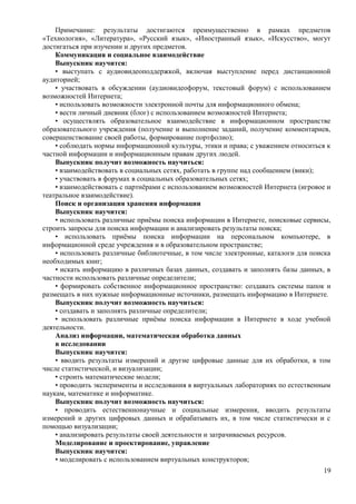 Примечание: результаты достигаются преимущественно в рамках предметов
«Технология», «Литература», «Русский язык», «Иностранный язык», «Искусство», могут
достигаться при изучении и других предметов.
Коммуникация и социальное взаимодействие
Выпускник научится:
• выступать с аудиовидеоподдержкой, включая выступление перед дистанционной
аудиторией;
• участвовать в обсуждении (аудиовидеофорум, текстовый форум) с использованием
возможностей Интернета;
• использовать возможности электронной почты для информационного обмена;
• вести личный дневник (блог) с использованием возможностей Интернета;
• осуществлять образовательное взаимодействие в информационном пространстве
образовательного учреждения (получение и выполнение заданий, получение комментариев,
совершенствование своей работы, формирование портфолио);
• соблюдать нормы информационной культуры, этики и права; с уважением относиться к
частной информации и информационным правам других людей.
Выпускник получит возможность научиться:
• взаимодействовать в социальных сетях, работать в группе над сообщением (вики);
• участвовать в форумах в социальных образовательных сетях;
• взаимодействовать с партнёрами с использованием возможностей Интернета (игровое и
театральное взаимодействие).
Поиск и организация хранения информации
Выпускник научится:
• использовать различные приёмы поиска информации в Интернете, поисковые сервисы,
строить запросы для поиска информации и анализировать результаты поиска;
• использовать приёмы поиска информации на персональном компьютере, в
информационной среде учреждения и в образовательном пространстве;
• использовать различные библиотечные, в том числе электронные, каталоги для поиска
необходимых книг;
• искать информацию в различных базах данных, создавать и заполнять базы данных, в
частности использовать различные определители;
• формировать собственное информационное пространство: создавать системы папок и
размещать в них нужные информационные источники, размещать информацию в Интернете.
Выпускник получит возможность научиться:
• создавать и заполнять различные определители;
• использовать различные приёмы поиска информации в Интернете в ходе учебной
деятельности.
Анализ информации, математическая обработка данных
в исследовании
Выпускник научится:
• вводить результаты измерений и другие цифровые данные для их обработки, в том
числе статистической, и визуализации;
• строить математические модели;
• проводить эксперименты и исследования в виртуальных лабораториях по естественным
наукам, математике и информатике.
Выпускник получит возможность научиться:
• проводить естественнонаучные и социальные измерения, вводить результаты
измерений и других цифровых данных и обрабатывать их, в том числе статистически и с
помощью визуализации;
• анализировать результаты своей деятельности и затрачиваемых ресурсов.
Моделирование и проектирование, управление
Выпускник научится:
• моделировать с использованием виртуальных конструкторов;
19
 