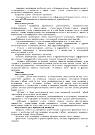 • передавать содержание учебно-научного, публицистического, официально-делового,
художественного аудиотекстов в форме плана, тезисов, ученического изложения
(подробного, выборочного, сжатого).
Выпускник получит возможность научиться:
• понимать явную и скрытую (подтекстовую) информацию публицистического текста (в
том числе в СМИ), анализировать и комментировать е. в устной форме.
Чтение
Выпускник научится:
• понимать содержание прочитанных учебно-научных, публицистических
(информационных и аналитических, художественно-публицистических жанров),
художественных текстов и воспроизводить их в устной форме в соответствии с ситуацией
общения, а также в форме ученического изложения (подробного, выборочного, сжатого), в
форме плана, тезисов (в устной и письменной форме);
• использовать практические умения ознакомительного, изучающего, просмотрового
способов (видов) чтения в соответствии с поставленной коммуникативной задачей;
• передавать схематически представленную информацию в виде связного текста;
• использовать приёмы работы с учебной книгой, справочниками и другими
информационными источниками, включая СМИ и ресурсы Интернета;
• отбирать и систематизировать материал на определённую тему, анализировать
отобранную информацию и интерпретировать е. в соответствии с поставленной
коммуникативной задачей.
Выпускник получит возможность научиться:
• понимать, анализировать, оценивать явную и скрытую (подтекстовую) информацию в
прочитанных текстах разной функционально-стилевой и жанровой принадлежности;
• извлекать информацию по заданной проблеме (включая противоположные точки
зрения на е. решение) из различных источников (учебно-научных текстов, текстов СМИ, в
том числе представленных в электронном виде на различных информационных носителях,
официально-деловых текстов), высказывать собственную точку зрения на решение
проблемы.
Говорение
Выпускник научится:
• создавать устные монологические и диалогические высказывания (в том числе
оценочного характера) на актуальные социально-культурные, нравственно-этические,
бытовые, учебные темы (в том числе лингвистические, а также темы, связанные с
содержанием других изучаемых учебных предметов) разной коммуникативной
направленности в соответствии с целями и ситуацией общения (сообщение, небольшой
доклад в ситуации учебно-научного общения, бытовой рассказ о событии, история, участие в
беседе, споре);
• обсуждать и чётко формулировать цели, план совместной групповой учебной
деятельности, распределение частей работы;
• извлекать из различных источников, систематизировать и анализировать материал на
определённую тему и передавать его в устной форме с учётом заданных условий общения;
• соблюдать в практике устного речевого общения основные орфоэпические,
лексические, грамматические нормы современного русского литературного языка;
стилистически корректно использовать лексику и фразеологию, правила речевого этикета.
Выпускник получит возможность научиться:
• создавать устные монологические и диалогические высказывания различных типов и
жанров в учебно-научной (на материале изучаемых учебных дисциплин), социально-
культурной и деловой сферах общения;
• выступать перед аудиторией с докладом; публично защищать проект, реферат;
• участвовать в дискуссии на учебно-научные темы, соблюдая нормы учебно-научного
общения;
23
 