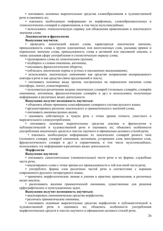 • опознавать основные выразительные средства словообразования в художественной
речи и оценивать их;
• извлекать необходимую информацию из морфемных, словообразовательных и
этимологических словарей и справочников, в том числе мультимедийных;
• использовать этимологическую справку для объяснения правописания и лексического
значения слова.
Лексикология и фразеология
Выпускник научится:
• проводить лексический анализ слова, характеризуя лексическое значение,
принадлежность слова к группе однозначных или многозначных слов, указывая прямое и
переносное значение слова, принадлежность слова к активной или пассивной лексике, а
также указывая сферу употребления и стилистическую окраску слова;
• группировать слова по тематическим группам;
• подбирать к словам синонимы, антонимы;
• опознавать фразеологические обороты;
• соблюдать лексические нормы в устных и письменных высказываниях;
• использовать лексическую синонимию как средство исправления неоправданного
повтора в речи и как средство связи предложений в тексте;
• опознавать основные виды тропов, построенных на переносном значении слова
(метафора, эпитет, олицетворение);
• пользоваться различными видами лексических словарей (толковым словарём, словарём
синонимов, антонимов, фразеологическим словарём и др.) и использовать полученную
информацию в различных видах деятельности.
Выпускник получит возможность научиться:
• объяснять общие принципы классификации словарного состава русского языка;
• аргументировать различие лексического и грамматического значений слова;
• опознавать омонимы разных видов;
• оценивать собственную и чужую речь с точки зрения точного, уместного и
выразительного словоупотребления;
• опознавать основные выразительные средства лексики и фразеологии в
публицистической и художественной речи и оценивать их; объяснять особенности
употребления лексических средств в текстах научного и официально-делового стилей речи;
• извлекать необходимую информацию из лексических словарей разного типа
(толкового словаря, словарей синонимов, антонимов, устаревших слов, иностранных слов,
фразеологического словаря и др.) и справочников, в том числе мультимедийных;
использовать эту информацию в различных видах деятельности.
Морфология
Выпускник научится:
• опознавать самостоятельные (знаменательные) части речи и их формы; служебные
части речи;
• анализировать слово с точки зрения его принадлежности к той или иной части речи;
• употреблять формы слов различных частей речи в соответствии с нормами
современного русского литературного языка;
• применять морфологические знания и умения в практике правописания, в различных
видах анализа;
• распознавать явления грамматической омонимии, существенные для решения
орфографических и пунктуационных задач.
Выпускник получит возможность научиться:
• анализировать синонимические средства морфологии;
• различать грамматические омонимы;
• опознавать основные выразительные средства морфологии в публицистической и
художественной речи и оценивать их; объяснять особенности употребления
морфологических средств в текстах научного и официально-делового стилей речи;
26
 