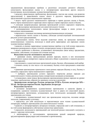 традиционным фольклорным приёмам в различных ситуациях речевого общения,
сопоставлять фольклорную сказку и е. интерпретацию средствами других искусств
(иллюстрация, мультипликация, художественный фильм);
• выделять нравственную проблематику фольклорных текстов как основу для развития
представлений о нравственном идеале своего и русского народов, формирования
представлений о русском национальном характере;
• видеть черты русского национального характера в героях русских сказок и былин,
видеть черты национального характера своего народа в героях народных сказок и былин;
• учитывая жанрово-родовые признаки произведений устного народного творчества,
выбирать фольклорные произведения для самостоятельного чтения;
• целенаправленно использовать малые фольклорные жанры в своих устных и
письменных высказываниях;
• определять с помощью пословицы жизненную/вымышленную ситуацию;
• выразительно читать сказки и былины, соблюдая соответствующий интонационный
рисунок устного рассказывания;
• пересказывать сказки, чётко выделяя сюжетные линии, не пропуская значимых
композиционных элементов, используя в своей речи характерные для народных сказок
художественные приёмы;
• выявлять в сказках характерные художественные приёмы и на этой основе определять
жанровую разновидность сказки, отличать литературную сказку от фольклорной;
• видеть необычное в обычном, устанавливать неочевидные связи между предметами,
явлениями, действиями, отгадывая или сочиняя загадку.
Выпускник получит возможность научиться:
• сравнивая сказки, принадлежащие разным народам, видеть в них воплощение
нравственного идеала конкретного народа (находить общее и различное с идеалом русского
и своего народов);
• рассказывать о самостоятельно прочитанной сказке, былине, обосновывая свой выбор;
• сочинять сказку (в том числе и по пословице), былину и/или придумывать сюжетные
линии;
• сравнивая произведения героического эпоса разных народов (былину и сагу, былину и
сказание), определять черты национального характера;
• выбирать произведения устного народного творчества разных народов для
самостоятельного чтения, руководствуясь конкретными целевыми установками;
• устанавливать связи между фольклорными произведениями разных народов на уровне
тематики, проблематики, образов (по принципу сходства и различия).
Древнерусская литература. Русская литература XVIII в. Русская литература XIX—
XX вв. Литература народов России. Зарубежная литература
Выпускник научится:
• осознанно воспринимать художественное произведение в единстве формы и
содержания; адекватно понимать художественный текст и давать его смысловой анализ;
интерпретировать прочитанное, устанавливать поле читательских ассоциаций, отбирать
произведения для чтения;
• воспринимать художественный текст как произведение искусства, послание автора
читателю, современнику и потомку;
• определять для себя актуальную и перспективную цели чтения художественной
литературы; выбирать произведения для самостоятельного чтения;
• выявлять и интерпретировать авторскую позицию, определяя своё к ней отношение, и
на этой основе формировать собственные ценностные ориентации;
• определять актуальность произведений для читателей разных поколений и вступать в
диалог с другими читателями;
• анализировать и истолковывать произведения разной жанровой природы,
аргументированно формулируя своё отношение к прочитанному;
28
 