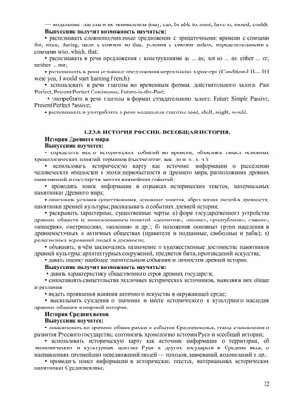 — модальные глаголы и их эквиваленты (may, can, be able to, must, have to, should, could).
Выпускник получит возможность научиться:
• распознавать сложноподчин.нные предложения с придаточными: времени с союзами
for, since, during; цели с союзом so that; условия с союзом unless; определительными с
союзами who, which, that;
• распознавать в речи предложения с конструкциями as ... as; not so ... as; either ... or;
neither ... nor;
• распознавать в речи условные предложения нереального характера (Conditional II— If I
were you, I would start learning French);
• использовать в речи глаголы во временным формах действительного залога: Past
Perfect, Present Perfect Continuous, Future-in-the-Past;
• употреблять в речи глаголы в формах страдательного залога: Future Simple Passive,
Present Perfect Passive;
• распознавать и употреблять в речи модальные глаголы need, shall, might, would.
1.2.3.8. ИСТОРИЯ РОССИИ. ВСЕОБЩАЯ ИСТОРИЯ.
История Древнего мира
Выпускник научится:
• определять место исторических событий во времени, объяснять смысл основных
хронологических понятий, терминов (тысячелетие, век, до н. э., н. э.);
• использовать историческую карту как источник информации о расселении
человеческих общностей в эпохи первобытности и Древнего мира, расположении древних
цивилизаций и государств, местах важнейших событий;
• проводить поиск информации в отрывках исторических текстов, материальных
памятниках Древнего мира;
• описывать условия существования, основные занятия, образ жизни людей в древности,
памятники древней культуры; рассказывать о событиях древней истории;
• раскрывать характерные, существенные черты: а) форм государственного устройства
древних обществ (с использованием понятий «деспотия», «полис», «республика», «закон»,
«империя», «метрополия», «колония» и др.); б) положения основных групп населения в
древневосточных и античных обществах (правители и подданные, свободные и рабы); в)
религиозных верований людей в древности;
• объяснять, в чём заключались назначение и художественные достоинства памятников
древней культуры: архитектурных сооружений, предметов быта, произведений искусства;
• давать оценку наиболее значительным событиям и личностям древней истории.
Выпускник получит возможность научиться:
• давать характеристику общественного строя древних государств;
• сопоставлять свидетельства различных исторических источников, выявляя в них общее
и различия;
• видеть проявления влияния античного искусства в окружающей среде;
• высказывать суждения о значении и месте исторического и культурного наследия
древних обществ в мировой истории.
История Средних веков
Выпускник научится:
• локализовать во времени общие рамки и события Средневековья, этапы становления и
развития Русского государства; соотносить хронологию истории Руси и всеобщей истории;
• использовать историческую карту как источник информации о территории, об
экономических и культурных центрах Руси и других государств в Средние века, о
направлениях крупнейших передвижений людей — походов, завоеваний, колонизаций и др.;
• проводить поиск информации в исторических текстах, материальных исторических
памятниках Средневековья;
32
 