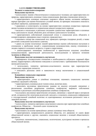 1.2.3.9. ОБЩЕСТВОЗНАНИЕ
Человек в социальном измерении
Выпускник научится:
• использовать знания о биологическом и социальном в человеке для характеристики его
природы, характеризовать основные этапы социализации, факторы становления личности;
• характеризовать основные слагаемые здорового образа жизни; осознанно выбирать
верные критерии для оценки безопасных условий жизни; на примерах показывать опасность
пагубных привычек, угрожающих здоровью;
• сравнивать и сопоставлять на основе характеристики основных возрастных периодов
жизни человека возможности и ограничения каждого возрастного периода;
• выделять в модельных и реальных ситуациях сущностные характеристики и основные
виды деятельности людей, объяснять роль мотивов в деятельности человека;
• характеризовать собственный социальный статус и социальные роли; объяснять и
конкретизировать примерами смысл понятия «гражданство»;
• описывать гендер как социальный пол; приводить примеры гендерных ролей, а также
различий в поведении мальчиков и девочек;
• давать на основе полученных знаний нравственные оценки собственным поступкам и
отношению к проблемам людей с ограниченными возможностями, своему отношению к
людям старшего и младшего возраста, а также к сверстникам;
• демонстрировать понимание особенностей и практическое владение способами
коммуникативной, практической деятельности, используемыми в процессе познания
человека и общества.
Выпускник получит возможность научиться:
• формировать положительное отношение к необходимости соблюдать здоровый образ
жизни; корректировать собственное поведение в соответствии с требованиями безопасности
жизнедеятельности;
• использовать элементы причинно-следственного анализа при характеристике
социальных параметров личности;
• описывать реальные связи и зависимости между воспитанием и социализацией
личности.
Ближайшее социальное окружение
Выпускник научится:
• характеризовать семью и семейные отношения; оценивать социальное значение
семейных традиций и обычаев;
• характеризовать основные роли членов семьи, включая свою;
• выполнять несложные практические задания по анализу ситуаций, связанных с
различными способами разрешения семейных конфликтов; выражать собственное
отношение к различным способам разрешения семейных конфликтов;
• исследовать несложные практические ситуации, связанные с защитой прав и интересов
детей, оставшихся без попечения родителей; находить и извлекать социальную информацию
о государственной семейной политике из адаптированных источников различного типа и
знаковой системы.
Выпускник получит возможность научиться:
• использовать элементы причинно-следственного анализа при характеристике семейных
конфликтов. Общество — большой «дом» человечества
Выпускник научится:
• распознавать на основе приведённых данных основные типы обществ;
• характеризовать направленность развития общества, его движение от одних форм
общественной жизни к другим; оценивать социальные явления с позиций общественного
прогресса;
• различать экономические, социальные, политические, культурные явления и процессы
общественной жизни;
35
 