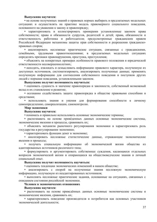 Выпускник научится:
• на основе полученных знаний о правовых нормах выбирать в предлагаемых модельных
ситуациях и осуществлять на практике модель правомерного социального поведения,
основанного на уважении к закону и правопорядку;
• характеризовать и иллюстрировать примерами установленные законом права
собственности; права и обязанности супругов, родителей и детей; права, обязанности и
ответственность работника и работодателя; предусмотренные гражданским правом
Российской Федерации механизмы защиты прав собственности и разрешения гражданско-
правовых споров;
• анализировать несложные практические ситуации, связанные с гражданскими,
семейными, трудовыми правоотношениями; в предлагаемых модельных ситуациях
определять признаки правонарушения, проступка, преступления;
• объяснять на конкретных примерах особенности правового положения и юридической
ответственности несовершеннолетних;
• находить, извлекать и осмысливать информацию правового характера, полученную из
доступных источников, систематизировать, анализировать полученные данные; применять
полученную информацию для соотнесения собственного поведения и поступков других
людей с нормами поведения, установленными законом.
Выпускник получит возможность научиться:
• оценивать сущность и значение правопорядка и законности, собственный возможный
вклад в их становление и развитие;
• осознанно содействовать защите правопорядка в обществе правовыми способами и
средствами;
• использовать знания и умения для формирования способности к личному
самоопределению, самореализации, самоконтролю.
Мир экономики
Выпускник научится:
• понимать и правильно использовать основные экономические термины;
• распознавать на основе привёденных данных основные экономические системы,
экономические явления и процессы, сравнивать их;
• объяснять механизм рыночного регулирования экономики и характеризовать роль
государства в регулировании экономики;
• характеризовать функции денег в экономике;
• анализировать несложные статистические данные, отражающие экономические
явления и процессы;
• получать социальную информацию об экономической жизни общества из
адаптированных источников различного типа;
• формулировать и аргументировать собственные суждения, касающиеся отдельных
вопросов экономической жизни и опирающиеся на обществоведческие знания и личный
социальный опыт.
Выпускник получит возможность научиться:
• оценивать тенденции экономических изменений в нашем обществе;
• анализировать с опорой на полученные знания несложную экономическую
информацию, получаемую из неадаптированных источников;
• выполнять несложные практические задания, основанные на ситуациях, связанных с
описанием состояния российской экономики.
Человек в экономических отношениях
Выпускник научится:
• распознавать на основе приведённых данных основные экономические системы и
экономические явления, сравнивать их;
• характеризовать поведение производителя и потребителя как основных участников
экономической деятельности;
37
 