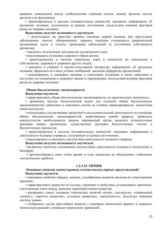 выявлять взаимосвязи между особенностями строения клеток, тканей, органов, систем
органов и их функциями;
• ориентироваться в системе познавательных ценностей: оценивать информацию об
организме человека, получаемую из разных источников, последствия влияния факторов
риска на здоровье человека.
Выпускник получит возможность научиться:
• использовать на практике приёмы оказания первой помощи при простудных
заболеваниях, ожогах, обморожениях, травмах, спасении утопающего; рациональной
организации труда и отдыха; проведения наблюдений за состоянием собственного
организма;
• выделять эстетические достоинства человеческого тела;
• реализовывать установки здорового образа жизни;
• ориентироваться в системе моральных норм и ценностей по отношению к
собственному здоровью и здоровью других людей;
• находить в учебной и научно-популярной литературе информацию об организме
человека, оформлять её в виде устных сообщений, докладов, рефератов, презентаций;
• анализировать и оценивать целевые и смысловые установки в своих действиях и
поступках по отношению к здоровью своему и окружающих; последствия влияния факторов
риска на здоровье человека.
Общие биологические закономерности
Выпускник научится:
• характеризовать общие биологические закономерности, их практическую значимость;
• применять методы биологической науки для изучения общих биологических
закономерностей: наблюдать и описывать клетки на готовых микропрепаратах, экосистемы
своей местности;
• использовать составляющие проектной и исследовательской деятельности по изучению
общих биологических закономерностей, свойственных живой природе; приводить
доказательства необходимости защиты окружающей среды; выделять отличительные
признаки живых организмов; существенные признаки биологических систем и
биологических процессов;
• ориентироваться в системе познавательных ценностей: оценивать информацию о
деятельности человека в природе, получаемую из разных источников;
• анализировать и оценивать последствия деятельности человека в природе.
Выпускник получит возможность научиться:
• выдвигать гипотезы о возможных последствиях деятельности человека в экосистемах и
биосфере;
• аргументировать свою точку зрения в ходе дискуссии по обсуждению глобальных
экологических проблем.
1.2.3.15. ХИМИЯ
Основные понятия химии (уровень атомно-молекулярных представлений)
Выпускник научится:
• описывать свойства твёрдых, жидких, газообразных веществ, выделяя их существенные
признаки;
• характеризовать вещества по составу, строению и свойствам, устанавливать причинно-
следственные связи между данными характеристиками вещества;
• раскрывать смысл основных химических понятий «атом», «молекула», «химический
элемент», «простое вещество», «сложное вещество», «валентность», используя знаковую
систему химии;
• изображать состав простейших веществ с помощью химических формул и сущность
химических реакций с помощью химических уравнений;
53
 