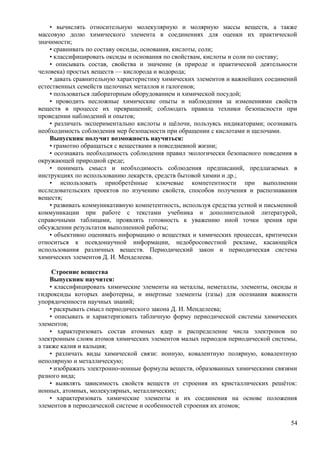 • вычислять относительную молекулярную и молярную массы веществ, а также
массовую долю химического элемента в соединениях для оценки их практической
значимости;
• сравнивать по составу оксиды, основания, кислоты, соли;
• классифицировать оксиды и основания по свойствам, кислоты и соли по составу;
• описывать состав, свойства и значение (в природе и практической деятельности
человека) простых веществ — кислорода и водорода;
• давать сравнительную характеристику химических элементов и важнейших соединений
естественных семейств щелочных металлов и галогенов;
• пользоваться лабораторным оборудованием и химической посудой;
• проводить несложные химические опыты и наблюдения за изменениями свойств
веществ в процессе их превращений; соблюдать правила техники безопасности при
проведении наблюдений и опытов;
• различать экспериментально кислоты и щёлочи, пользуясь индикаторами; осознавать
необходимость соблюдения мер безопасности при обращении с кислотами и щелочами.
Выпускник получит возможность научиться:
• грамотно обращаться с веществами в повседневной жизни;
• осознавать необходимость соблюдения правил экологически безопасного поведения в
окружающей природной среде;
• понимать смысл и необходимость соблюдения предписаний, предлагаемых в
инструкциях по использованию лекарств, средств бытовой химии и др.;
• использовать приобретённые ключевые компетентности при выполнении
исследовательских проектов по изучению свойств, способов получения и распознавания
веществ;
• развивать коммуникативную компетентность, используя средства устной и письменной
коммуникации при работе с текстами учебника и дополнительной литературой,
справочными таблицами, проявлять готовность к уважению иной точки зрения при
обсуждении результатов выполненной работы;
• объективно оценивать информацию о веществах и химических процессах, критически
относиться к псевдонаучной информации, недобросовестной рекламе, касающейся
использования различных веществ. Периодический закон и периодическая система
химических элементов Д. И. Менделеева.
Строение вещества
Выпускник научится:
• классифицировать химические элементы на металлы, неметаллы, элементы, оксиды и
гидроксиды которых амфотерны, и инертные элементы (газы) для осознания важности
упорядоченности научных знаний;
• раскрывать смысл периодического закона Д. И. Менделеева;
• описывать и характеризовать табличную форму периодической системы химических
элементов;
• характеризовать состав атомных ядер и распределение числа электронов по
электронным слоям атомов химических элементов малых периодов периодической системы,
а также калия и кальция;
• различать виды химической связи: ионную, ковалентную полярную, ковалентную
неполярную и металлическую;
• изображать электронно-ионные формулы веществ, образованных химическими связями
разного вида;
• выявлять зависимость свойств веществ от строения их кристаллических решёток:
ионных, атомных, молекулярных, металлических;
• характеризовать химические элементы и их соединения на основе положения
элементов в периодической системе и особенностей строения их атомов;
54
 