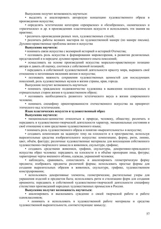 Выпускник получит возможность научиться:
• выделять и анализировать авторскую концепцию художественного образа в
произведении искусства;
• определять эстетические категории «прекрасное» и «безобразное», «комическое» и
«трагическое» и др. в произведениях пластических искусств и использовать эти знания на
практике;
• различать произведения разных эпох, художественных стилей;
• различать работы великих мастеров по художественной манере (по манере письма).
Духовно-нравственные проблемы жизни и искусства
Выпускник научится:
• понимать связи искусства с всемирной историей и историей Отечества;
• осознавать роль искусства в формировании мировоззрения, в развитии религиозных
представлений и в передаче духовно-нравственного опыта поколений;
• осмысливать на основе произведений искусства морально-нравственную позицию
автора и давать ей оценку, соотнося с собственной позицией;
• передавать в собственной художественной деятельности красоту мира, выражать своё
отношение к негативным явлениям жизни и искусства;
• осознавать важность сохранения художественных ценностей для последующих
поколений, роль художественных музеев в жизни страны, края, города.
Выпускник получит возможность научиться:
• понимать гражданское подвижничество художника в выявлении положительных и
отрицательных сторон жизни в художественном образе;
• осознавать необходимость развитого эстетического вкуса в жизни современного
человека;
• понимать специфику ориентированности отечественного искусства на приоритет
этического над эстетическим.
Язык пластических искусств и художественный образ
Выпускник научится:
• эмоционально-ценностно относиться к природе, человеку, обществу; различать и
передавать в художественно-творческой деятельности характер, эмоциональные состояния и
своё отношение к ним средствами художественного языка;
• понимать роль художественного образа и понятия «выразительность» в искусстве;
• создавать композиции на заданную тему на плоскости и в пространстве, используя
выразительные средства изобразительного искусства: композицию, форму, ритм, линию,
цвет, объём, фактуру; различные художественные материалы для воплощения собственного
художественно-творческого замысла в живописи, скульптуре, графике;
• создавать средствами живописи, графики, скульптуры, декоративно-прикладного
искусства образ человека: передавать на плоскости и в объёме пропорции лица, фигуры;
характерные черты внешнего облика, одежды, украшений человека;
• наблюдать, сравнивать, сопоставлять и анализировать геометрическую форму
предмета; изображать предметы различной формы; использовать простые формы для
создания выразительных образов в живописи, скульптуре, графике, художественном
конструировании;
• использовать декоративные элементы, геометрические, растительные узоры для
украшения изделий и предметов быта; использовать ритм и стилизацию форм для создания
орнамента; передавать в собственной художественно-творческой деятельности специфику
стилистики произведений народных художественных промыслов в России.
Выпускник получит возможность научиться:
• анализировать и высказывать суждение о своей творческой работе и работе
одноклассников;
• понимать и использовать в художественной работе материалы и средства
художественной выразительности, соответствующие замыслу;
57
 