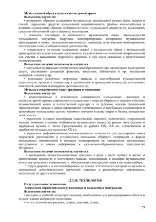Музыкальный образ и музыкальная драматургия
Выпускник научится:
• раскрывать образное содержание музыкальных произведений разных форм, жанров и
стилей; определять средства музыкальной выразительности, приёмы взаимодействия и
развития музыкальных образов, особенности (типы) музыкальной драматургии, высказывать
суждение об основной идее и форме её воплощения;
• понимать специфику и особенности музыкального языка, закономерности
музыкального искусства, творчески интерпретировать содержание музыкального
произведения в пении, музыкально-ритмическом движении, пластическом интонировании,
поэтическом слове, изобразительной деятельности;
• осуществлять на основе полученных знаний о музыкальном образе и музыкальной
драматургии исследовательскую деятельность художественно-эстетической направленности
для участия в выполнении творческих проектов, в том числе связанных с практическим
музицированием.
Выпускник получит возможность научиться:
• заниматься музыкально-эстетическим самообразованием при организации культурного
досуга, составлении домашней фонотеки, видеотеки, библиотеки и пр.; посещении
концертов, театров и др.;
• воплощать различные творческие замыслы в многообразной художественной
деятельности, проявлять инициативу в организации и проведении концертов, театральных
спектаклей, выставок и конкурсов, фестивалей и др.
Музыка в современном мире: традиции и инновации
Выпускник научится:
• ориентироваться в исторически сложившихся музыкальных традициях и
поликультурной картине современного музыкального мира, разбираться в текущих событиях
художественной жизни в отечественной культуре и за рубежом, владеть специальной
терминологией, называть имена выдающихся отечественных и зарубежных композиторов и
крупнейшие музыкальные центры мирового значения (театры оперы и балета, концертные
залы, музеи);
• определять стилевое своеобразие классической, народной, религиозной, современной
музыки, понимать стилевые особенности музыкального искусства разных эпох (русская и
зарубежная музыка от эпохи Средневековья до рубежа XIX—XX вв., отечественное и
зарубежное музыкальное искусство XX в.);
• применять информационно-коммуникационные технологии для расширения опыта
творческой деятельности и углубленного понимания образного содержания и формы
музыкальных произведений в процессе музицирования на электронных музыкальных
инструментах и поиска информации в музыкально-образовательном пространстве
Интернета.
Выпускник получит возможность научиться:
• высказывать личностно-оценочные суждения о роли и месте музыки в жизни, о
нравственных ценностях и эстетических идеалах, воплощённых в шедеврах музыкального
искусства прошлого и современности, обосновывать свои предпочтения в ситуации выбора;
• структурировать и систематизировать на основе эстетического восприятия музыки и
окружающей действительности изученный материал и разнообразную информацию,
полученную из других источников.
1.2.3.18. ТЕХНОЛОГИЯ
Индустриальные технологии
Технологии обработки конструкционных и поделочных материалов
Выпускник научится:
• находить в учебной литературе сведения, необходимые для конструирования объекта и
осуществления выбранной технологии;
• читать технические рисунки, эскизы, чертежи, схемы;
59
 
