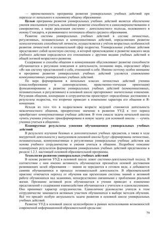 — преемственность программы развития универсальных учебных действий при
переходе от начального к основному общему образованию.
Целью программы развития универсальных учебных действий является обеспечение
умения школьников учиться, дальнейшее развитие способности к самосовершенствованию и
саморазвитию, а также реализация системно - деятельностного подхода, положенного в
основу Стандарта, и развивающего потенциала общего среднего образования.
Развитие системы универсальных учебных действий в составе личностных,
регулятивных, познавательных и коммуникативных действий, определяющих развитие
психологических способностей личности, осуществляется с учётом возрастных особенностей
развития личностной и познавательной сфер подростка. Универсальные учебные действия
представляют собой целостную систему, в которой происхождение и развитие каждого вида
учебного действия определяется его отношением с другими видами учебных действий и
общей логикой возрастного развития.
Содержание и способы общения и коммуникации обусловливают развитие способности
обучающегося к регуляции поведения и деятельности, познанию мира, определяют образ
«Я» как систему представлений о себе, отношений к себе. Именно поэтому особое внимание
в программе развития универсальных учебных действий уделяется становлению
коммуникативных универсальных учебных действий.
По мере формирования в начальных классах личностных действий ученика
(смыслообразование и самоопределение, нравственно-этическая ориентация)
функционирование и развитие универсальных учебных действий (коммуникативных,
познавательных и регулятивных) в основной школе претерпевают значительные изменения.
Регуляция общения, кооперации и сотрудничества проектирует определённые достижения и
результаты подростка, что вторично приводит к изменению характера его общения и Я-
концепции.
Исходя из того что в подростковом возрасте ведущей становится деятельность
межличностного общения, приоритетное значение в развитии УУД в этот период
приобретают коммуникативные учебные действия. В этом смысле задача начальной школы
«учить ученика учиться» трансформирована в новую задачу для основной школы — «учить
ученика учиться в общении».
Планируемые результаты усвоения обучающимися универсальных учебных
действий
В результате изучения базовых и дополнительных учебных предметов, а также в ходе
внеурочной деятельности у выпускников основной школы будут сформированы личностные,
познавательные, коммуникативные и регулятивные универсальные учебные действия как
основа учебного сотрудничества и умения учиться в общении. Подробное описание
планируемых результатов формирования универсальных учебных действий представлены в
разделе 1.2.3. настоящей основной образовательной программы.
Технологии развития универсальных учебных действий
В основе развития УУД в основной школе лежит системно-деятельностный подход. В
соответствии с ним именно активность обучающегося признаётся основой достижения
развивающих целей образования — знания не передаются в готовом виде, а добываются
самими обучающимися в процессе познавательной деятельности. В образовательной
практике отмечается переход от обучения как презентации системы знаний к активной
работе обучающихся над заданиями, непосредственно связанными с проблемами реальной
жизни. Признание активной роли обучающегося в учении приводит к изменению
представлений о содержании взаимодействия обучающегося с учителем и одноклассниками.
Оно принимает характер сотрудничества. Единоличное руководство учителя в этом
сотрудничестве замещается активным участием обучающихся в выборе методов обучения.
Всё это придаёт особую актуальность задаче развития в основной школе универсальных
учебных действий.
Развитие УУД в основной школе целесообразно в рамках использования возможностей
современной информационной образовательной среды как:
79
 