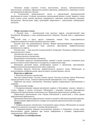 Основные жанры научного (отзыв, выступление, доклад), публицистического
(выступление, интервью), официально-делового (расписка, доверенность, заявление) стилей,
разговорной речи (рассказ, беседа).
2. Установление принадлежности текста к определённой функциональной
разновидности языка. Создание письменных высказываний разных стилей, жанров и типов
речи: тезисы, отзыв, письмо, расписка, доверенность, заявление, повествование, описание,
рассуждение. Выступление перед аудиторией сверстников с небольшими сообщениями,
докладом.
Общие сведения о языке
1. Русский язык — национальный язык русского народа, государственный язык
Российской Федерации и язык межнационального общения. Русский язык в современном
мире.
Русский язык в кругу других славянских языков. Роль старославянского
(церковнославянского) языка в развитии русского языка.
Русский язык как развивающееся явление. Формы функционирования современного
русского языка: литературный язык, диалекты, просторечие, профессиональные
разновидности, жаргон.
Русский язык — язык русской художественной литературы. Основные изобразительные
средства русского языка.
Лингвистика как наука о языке.
Основные разделы лингвистики.
Выдающиеся отечественные лингвисты.
2. Осознание важности коммуникативных умений в жизни человека, понимание роли
русского языка в жизни общества и государства, в современном мире.
Понимание различий между литературным языком и диалектами, просторечием,
профессиональными разновидностями языка, жаргоном.
Осознание красоты, богатства, выразительности русского языка. Наблюдение за
использованием изобразительных средств языка в художественных текстах.
Фонетика и орфоэпия
1. Фонетика как раздел лингвистики.
Звук как единица языка. Система гласных звуков. Система согласных звуков. Изменение
звуков в речевом потоке. Элементы фонетической транскрипции. Слог. Ударение.
Орфоэпия как раздел лингвистики. Основные правила нормативного произношения и
ударения.
Орфоэпический словарь.
2. Совершенствование навыков различения ударных и безударных гласных, звонких и
глухих, твёрдых и мягких согласных. Объяснение с помощью элементов транскрипции
особенностей произношения и написания слов. Проведение фонетического разбора слов.
Нормативное произношение слов. Оценка собственной и чужой речи с точки зрения
орфоэпической правильности.
Применение фонетико-орфоэпических знаний и умений в собственной речевой практике.
Использование орфоэпического словаря для овладения произносительной культурой.
Графика
1. Графика как раздел лингвистики. Соотношение звука и буквы. Обозначение на письме
твёрдости и мягкости согласных. Способы обозначения [j’].
2. Совершенствование навыков сопоставления звукового и буквенного состава слова.
Использование знания алфавита при поиске информации в словарях, справочниках,
энциклопедиях, SMS-сообщениях.
Морфемика и словообразование
94
 