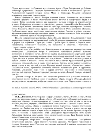 Образы крепостных. Изображение крестьянского бунта. Образ благородного разбойника
Владимира Дубровского. Традиции приключенческого романа в произведении Пушкина.
Романтический характер истории любви Маши и Владимира. Средства выражения
авторского отношения к героям романа.
Роман «Капитанская дочка». История создания романа. Историческое исследование
«История Пугачёва» и роман «Капитанская дочка». Пугачёв в историческом труде и в
романе. Форма семейных записок как выражение частного взгляда на отечественную
историю. Изображение исторических деятелей на страницах романа (Пугачёв, Екатерина II).
Главные герои романа. Становление, развитие характера, личности Петра Гринёва. Значение
образа Савельича. Нравственная красота Маши Мироновой. Образ антигероя Швабрина.
Проблемы долга, чести, милосердия, нравственного выбора. Портрет и пейзаж в романе.
Художественная функция народных песен, сказок, пословиц и поговорок. Роль эпиграфов в
романе. Название и идейный смысл произведения.
Повесть «Станционный смотритель». Цикл «Повести Белкина». Повествование от лица
вымышленного героя как художественный приём. Отношение рассказчика к героям повести
и формы его выражения. Образ рассказчика. Судьба Дуни и притча о блудном сыне.
Изображение «маленького человека», его положения в обществе. Трагическое и
гуманистическое в повести.
Роман в стихах «Евгений Онегин». Замысел романа и его эволюция в процессе создания
произведения. Особенности жанра и композиции «свободного романа». Единство
лирического и эпического начал. Автор как идейно-композиционный и лирический центр
романа. Сюжетные линии произведения и темы лирических отступлений. Автор и его герои.
Образ читателя в романе. Образ Онегина, его развитие. Типическое и индивидуальное в
образах Онегина и Ленского. Татьяна как «милый идеал» автора. Художественная функция
эпиграфов, посвящений, снов и писем героев романа. Картины жизни русского общества:
жизнь столиц и мир русской деревни. Картины родной природы. «Онегинская строфа».
Особенности языка, органичное сочетание высокой поэтической речи и дружеского
разговора, упоминания имен богов и героев античной мифологии и использование
просторечной лексики. Реализм пушкинского романа в стихах. «Евгений Онегин» в русской
критике.
Трагедия «Моцарт и Сальери». Цикл маленьких трагедий- пьес о сильных личностях и
нравственном законе. Проблема «гения и злодейства». Образы Моцарта и Сальери. Два типа
мировосприятия, выраженные в образах главных героев трагедии. Образ слепого скрипача и
его роль в развитии сюжета. Образ «чѐрного человека». Сценическая и кинематографическая
судьба трагедии.
М. Ю. Лермонтов. Стихотворения «Парус», «Листок», «Тучи», «Смерть Поэта», «Когда
волнуется желтеющая нива...», «Дума», «Поэт» («Отделкой золотой блистает мой кинжал.»),
«Молитва» («В минуту жизни трудную.»), «И скучно и грустно», «Нет, не тебя так пылко я
люблю.», «Родина», «Пророк», «На севере диком стоит одиноко.», «Ангел», «Три пальмы».
Основные мотивы, образы и настроения поэзии Лермонтова. Чувство трагического
одиночества. Любовь как страсть, приносящая страдания. Чистота и красота поэзии как
заповедные святыни сердца. «Звуки небес» и «скучные песни земли». Трагическая судьба
поэта и человека в бездуховном мире. Своеобразие художественного мира поэзии
Лермонтова. Характер лирического героя лермонтовской поэзии. Тема Родины, поэта и
поэзии. Романтизм и реализм в лирике поэта.
Стихотворение «Бородино». Историческая основа стихотворения. Изображение
исторического события. Образ рядового участника сражения. Мастерство Лермонтова в
создании батальных сцен. Сочетание разговорных интонаций с высоким патриотическим
пафосом стихотворения.
99
 