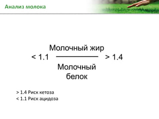 < 1.1 > 1.4
Молочный жир
Молочный
белок
> 1.4 Риск кетоза
< 1.1 Риск ацидоза
 