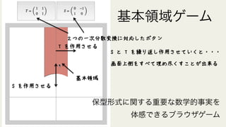 基本領域ゲーム
保型形式に関する重要な数学的事実を
体感できるブラウザゲーム
基本領域
２つの一次分数変換に対応したボタン
S を作用させる
T を作用させる
S と T を繰り返し作用させていくと・・・
画面上側をすべて埋め尽くすことが出来る
 