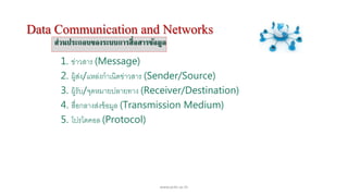 .
Data Communication and Networks
1. ข่าวสาร (Message)
2. ผู้ส่ง/แหล่งกาเนิดข่าวสาร (Sender/Source)
3. ผู้รับ/จุดหมายปลายทาง (Receiver/Destination)
4. สื่อกลางส่งข้อมูล (Transmission Medium)
5. โปรโตคอล (Protocol)
www.pcbc.ac.th
ส่วนประกอบของระบบการสื่อสารข้อมูล
 