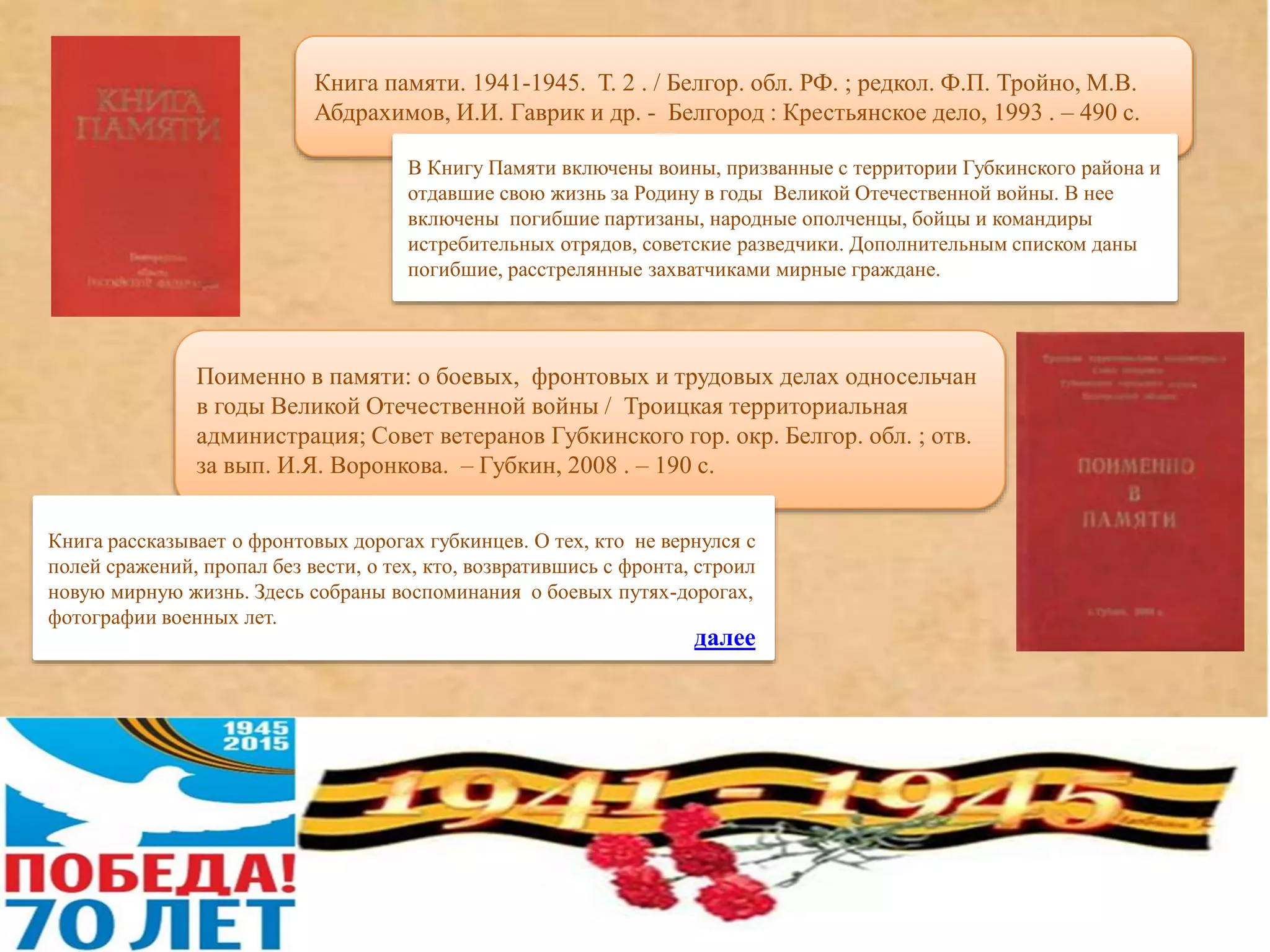 Поименно в памяти: о боевых, фронтовых и трудовых делах односельчан
в годы Великой Отечественной войны / Троицкая территориальная
администрация; Совет ветеранов Губкинского гор. окр. Белгор. обл. ; отв.
за вып. И.Я. Воронкова. – Губкин, 2008 . – 190 с.
Книга рассказывает о фронтовых дорогах губкинцев. О тех, кто не вернулся с
полей сражений, пропал без вести, о тех, кто, возвратившись с фронта, строил
новую мирную жизнь. Здесь собраны воспоминания о боевых путях-дорогах,
фотографии военных лет.
Книга памяти. 1941-1945. Т. 2 . / Белгор. обл. РФ. ; редкол. Ф.П. Тройно, М.В.
Абдрахимов, И.И. Гаврик и др. - Белгород : Крестьянское дело, 1993 . – 490 с.
В Книгу Памяти включены воины, призванные с территории Губкинского района и
отдавшие свою жизнь за Родину в годы Великой Отечественной войны. В нее
включены погибшие партизаны, народные ополченцы, бойцы и командиры
истребительных отрядов, советские разведчики. Дополнительным списком даны
погибшие, расстрелянные захватчиками мирные граждане.
далее
 