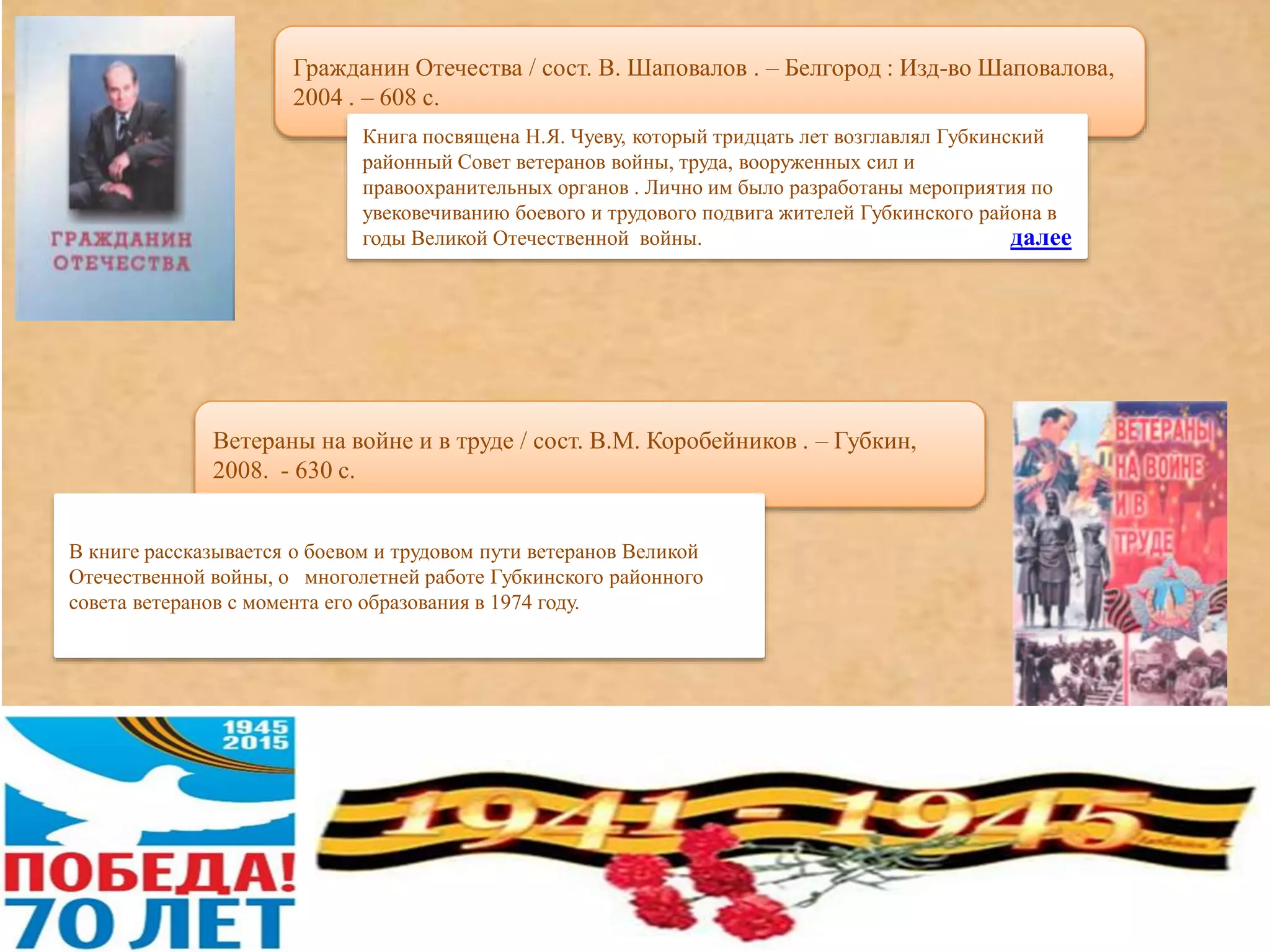 Гражданин Отечества / сост. В. Шаповалов . – Белгород : Изд-во Шаповалова,
2004 . – 608 с.
Книга посвящена Н.Я. Чуеву, который тридцать лет возглавлял Губкинский
районный Совет ветеранов войны, труда, вооруженных сил и
правоохранительных органов . Лично им было разработаны мероприятия по
увековечиванию боевого и трудового подвига жителей Губкинского района в
годы Великой Отечественной войны.
Ветераны на войне и в труде / сост. В.М. Коробейников . – Губкин,
2008. - 630 с.
В книге рассказывается о боевом и трудовом пути ветеранов Великой
Отечественной войны, о многолетней работе Губкинского районного
совета ветеранов с момента его образования в 1974 году.
далее
 