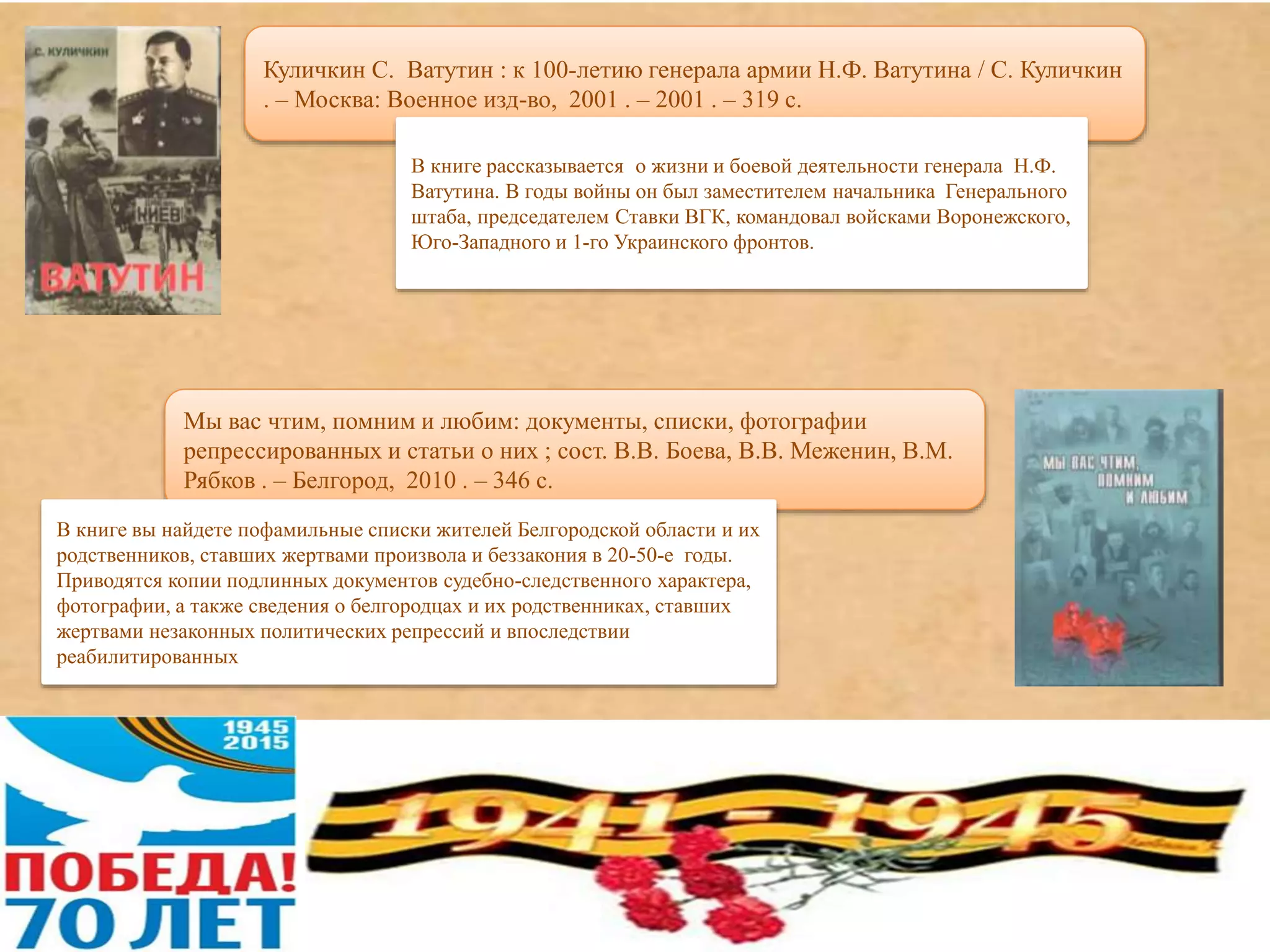 Куличкин С. Ватутин : к 100-летию генерала армии Н.Ф. Ватутина / С. Куличкин
. – Москва: Военное изд-во, 2001 . – 2001 . – 319 с.
В книге рассказывается о жизни и боевой деятельности генерала Н.Ф.
Ватутина. В годы войны он был заместителем начальника Генерального
штаба, председателем Ставки ВГК, командовал войсками Воронежского,
Юго-Западного и 1-го Украинского фронтов.
Мы вас чтим, помним и любим: документы, списки, фотографии
репрессированных и статьи о них ; сост. В.В. Боева, В.В. Меженин, В.М.
Рябков . – Белгород, 2010 . – 346 с.
В книге вы найдете пофамильные списки жителей Белгородской области и их
родственников, ставших жертвами произвола и беззакония в 20-50-е годы.
Приводятся копии подлинных документов судебно-следственного характера,
фотографии, а также сведения о белгородцах и их родственниках, ставших
жертвами незаконных политических репрессий и впоследствии
реабилитированных
 