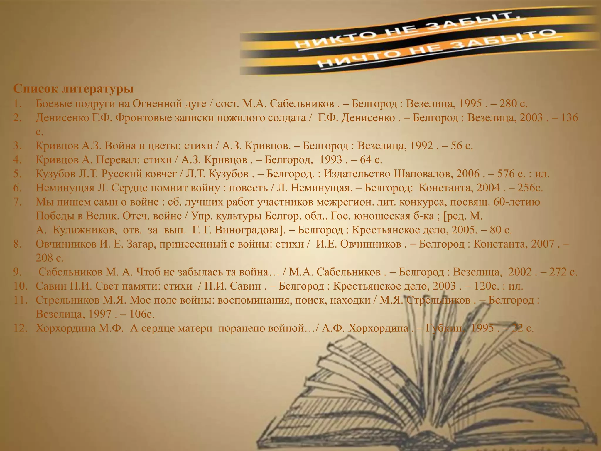 Список литературы
1. Боевые подруги на Огненной дуге / сост. М.А. Сабельников . – Белгород : Везелица, 1995 . – 280 с.
2. Денисенко Г.Ф. Фронтовые записки пожилого солдата / Г.Ф. Денисенко . – Белгород : Везелица, 2003 . – 136
с.
3. Кривцов А.З. Война и цветы: стихи / А.З. Кривцов. – Белгород : Везелица, 1992 . – 56 с.
4. Кривцов А. Перевал: стихи / А.З. Кривцов . – Белгород, 1993 . – 64 с.
5. Кузубов Л.Т. Русский ковчег / Л.Т. Кузубов . – Белгород. : Издательство Шаповалов, 2006 . – 576 с. : ил.
6. Неминущая Л. Сердце помнит войну : повесть / Л. Неминущая. – Белгород: Константа, 2004 . – 256с.
7. Мы пишем сами о войне : сб. лучших работ участников межрегион. лит. конкурса, посвящ. 60-летию
Победы в Велик. Отеч. войне / Упр. культуры Белгор. обл., Гос. юношеская б-ка ; [ред. М.
А. Кулижников, отв. за вып. Г. Г. Виноградова]. – Белгород : Крестьянское дело, 2005. – 80 с.
8. Овчинников И. Е. Загар, принесенный с войны: стихи / И.Е. Овчинников . – Белгород : Константа, 2007 . –
208 с.
9. Сабельников М. А. Чтоб не забылась та война… / М.А. Сабельников . – Белгород : Везелица, 2002 . – 272 с.
10. Савин П.И. Свет памяти: стихи / П.И. Савин . – Белгород : Крестьянское дело, 2003 . – 120с. : ил.
11. Стрельников М.Я. Мое поле войны: воспоминания, поиск, находки / М.Я. Стрельников . – Белгород :
Везелица, 1997 . – 106с.
12. Хорхордина М.Ф. А сердце матери поранено войной…/ А.Ф. Хорхордина . – Губкин, 1995 . – 22 с.
 