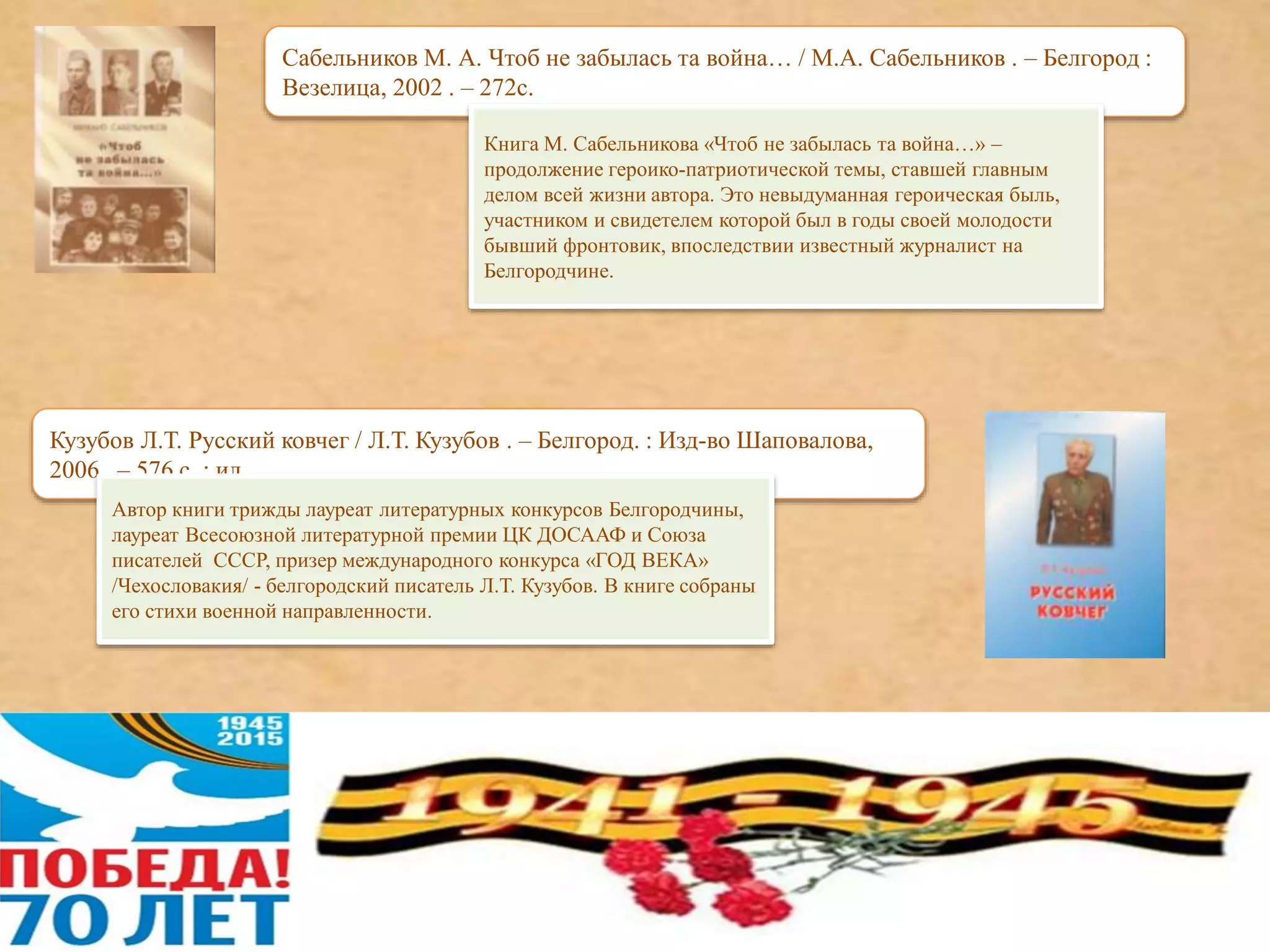 Сабельников М. А. Чтоб не забылась та война… / М.А. Сабельников . – Белгород :
Везелица, 2002 . – 272с.
Книга М. Сабельникова «Чтоб не забылась та война…» –
продолжение героико-патриотической темы, ставшей главным
делом всей жизни автора. Это невыдуманная героическая быль,
участником и свидетелем которой был в годы своей молодости
бывший фронтовик, впоследствии известный журналист на
Белгородчине.
Кузубов Л.Т. Русский ковчег / Л.Т. Кузубов . – Белгород. : Изд-во Шаповалова,
2006 . – 576 с. : ил.
Автор книги трижды лауреат литературных конкурсов Белгородчины,
лауреат Всесоюзной литературной премии ЦК ДОСААФ и Союза
писателей СССР, призер международного конкурса «ГОД ВЕКА»
/Чехословакия/ - белгородский писатель Л.Т. Кузубов. В книге собраны
его стихи военной направленности.
 