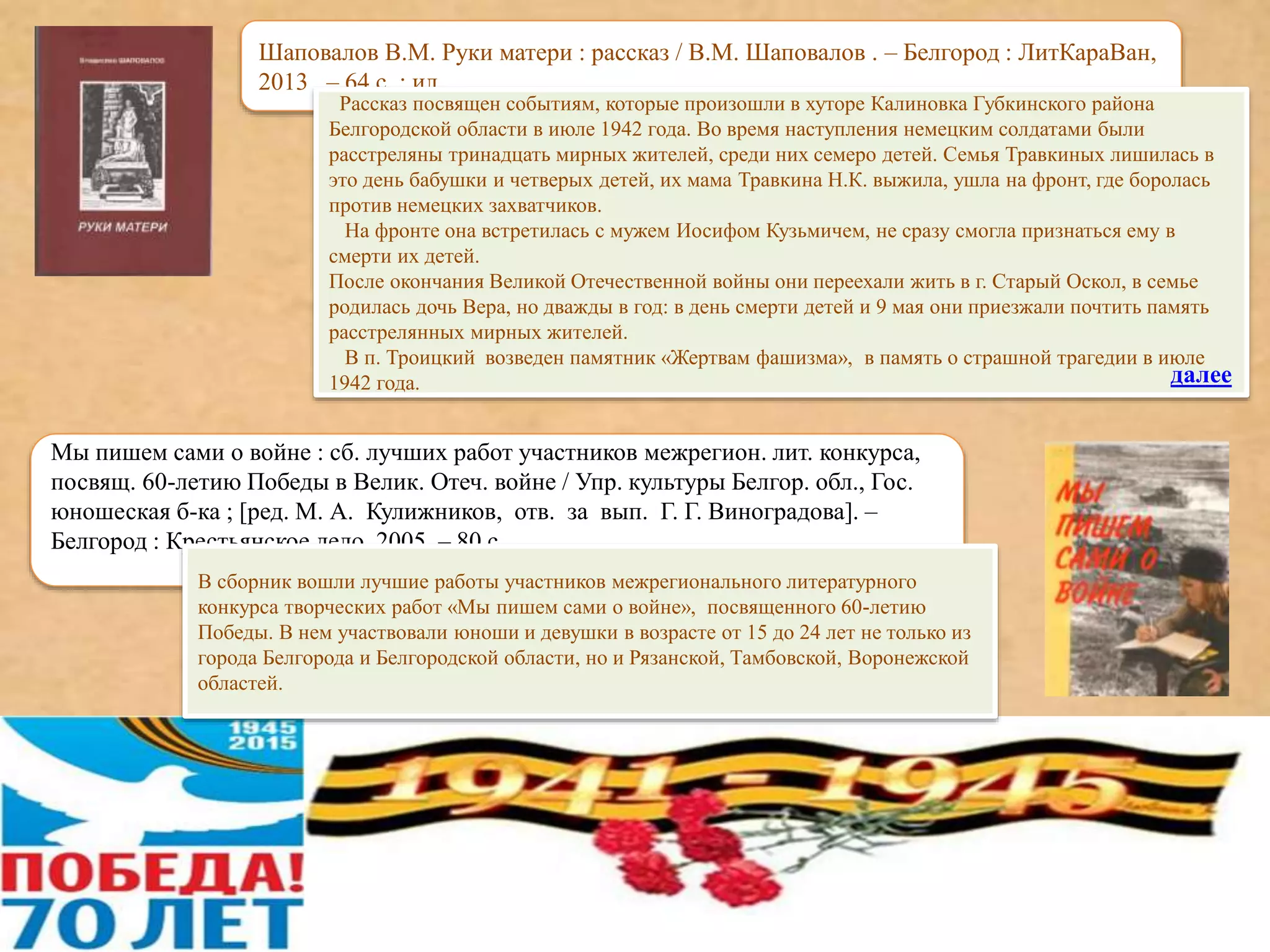 Мы пишем сами о войне : сб. лучших работ участников межрегион. лит. конкурса,
посвящ. 60-летию Победы в Велик. Отеч. войне / Упр. культуры Белгор. обл., Гос.
юношеская б-ка ; [ред. М. А. Кулижников, отв. за вып. Г. Г. Виноградова]. –
Белгород : Крестьянское дело, 2005. – 80 с.
В сборник вошли лучшие работы участников межрегионального литературного
конкурса творческих работ «Мы пишем сами о войне», посвященного 60-летию
Победы. В нем участвовали юноши и девушки в возрасте от 15 до 24 лет не только из
города Белгорода и Белгородской области, но и Рязанской, Тамбовской, Воронежской
областей.
Шаповалов В.М. Руки матери : рассказ / В.М. Шаповалов . – Белгород : ЛитКараВан,
2013 . – 64 с. : ил.
Рассказ посвящен событиям, которые произошли в хуторе Калиновка Губкинского района
Белгородской области в июле 1942 года. Во время наступления немецким солдатами были
расстреляны тринадцать мирных жителей, среди них семеро детей. Семья Травкиных лишилась в
это день бабушки и четверых детей, их мама Травкина Н.К. выжила, ушла на фронт, где боролась
против немецких захватчиков.
На фронте она встретилась с мужем Иосифом Кузьмичем, не сразу смогла признаться ему в
смерти их детей.
После окончания Великой Отечественной войны они переехали жить в г. Старый Оскол, в семье
родилась дочь Вера, но дважды в год: в день смерти детей и 9 мая они приезжали почтить память
расстрелянных мирных жителей.
В п. Троицкий возведен памятник «Жертвам фашизма», в память о страшной трагедии в июле
1942 года. далее
 
