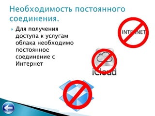  Для получения
доступа к услугам
облака необходимо
постоянное
соединение с
Интернет
 