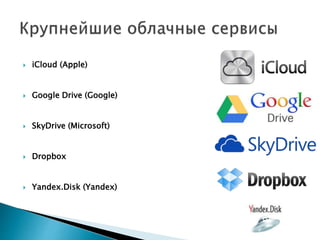  iCloud (Apple)
 Google Drive (Google)
 SkyDrive (Microsoft)
 Dropbox
 Yandex.Disk (Yandex)
 