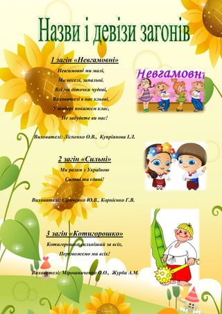 1 загін «Невгамовні»
Невгамовні ми малі,
Ми веселі, запальні.
Всі ми діточки чудові,
Вихователі в нас кльові.
У таборі покажем клас,
Не забудете ви нас!
Вихователі: Лісненко О.В., Купріянова І.Л.
2 загін «Сильні»
Ми разом з Україною
Сильні та єдині!
Вихователі: Сіряченко Ю.В., Корнієнко Г.В.
3 загін «Котигорошко»
Котигорошко сильніший за всіх,
Переможемо ми всіх!
Вихователі: Мірошниченко О.О., Журба А.М.
 