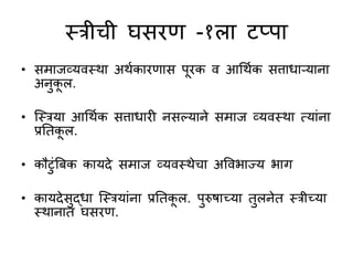 स्त्रीची घसरि -१ला टप्पा
• समाजव्यवस्त्था अथणकारिास पूरक व आधथणक सत्ताधाऱ्याना
अनकू ल.
• जस्त्रया आधथणक सत्ताधारी नसल्याने समाज व्यवस्त्था त्याुंना
प्रनतकू ल.
• कौटुंबबक कायदे समाज व्यवस्त्थेचा अववभाज्य भाग
• कायदेसद्धा जस्त्रयाुंना प्रनतकू ल. परुषाच्या तलनेत स्त्रीच्या
स्त्थानात घसरि.
 