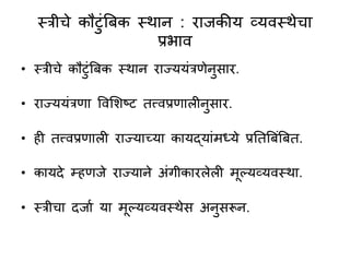 स्त्रीचे कौटुंबबक स्त्थान : राजकीय व्यवस्त्थेचा
प्रभाव
• स्त्रीचे कौटुंबबक स्त्थान राज्ययुंरिेनसार.
• राज्ययुंरिा ववसशष्ट्ट तत्त्वप्रिालीनसार.
• ही तत्त्वप्रिाली राज्याच्या कायद्याुंमध्ये प्रनतबबुंबबत.
• कायदे म्हिजे राज्याने अुंगीकारलेली मूल्यव्यवस्त्था.
• स्त्रीचा दजाण या मूल्यव्यवस्त्थेस अनसरून.
 