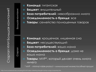 БольшаякомпанияСтартап
 Команда: гигантская
 Бюджет: внушительный
 База потребителей: невообразимо много
 Осведомленность о бренде: все
 Товары: семейство полноценных товаров
 Команда: крошечная, лишенная сна
 Бюджет: несуществующий
 База потребителей: ваша мама
 Осведомленность о бренде: даже не
ваша мама
 Товары: MVP*, который делает очень много
ничего
* MVP - minimal viable product – минимальный жизнеспособный продукт
http://www.rocketwatcher.com/blog/2014/07/sales-marketing-strengths-startup-vs-big-companies.html
 